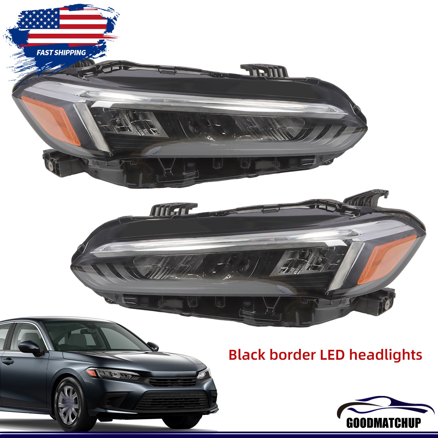 Right+Left For Honda Civic Sport/Touring 2022 2023 Headlights LED Black Housing