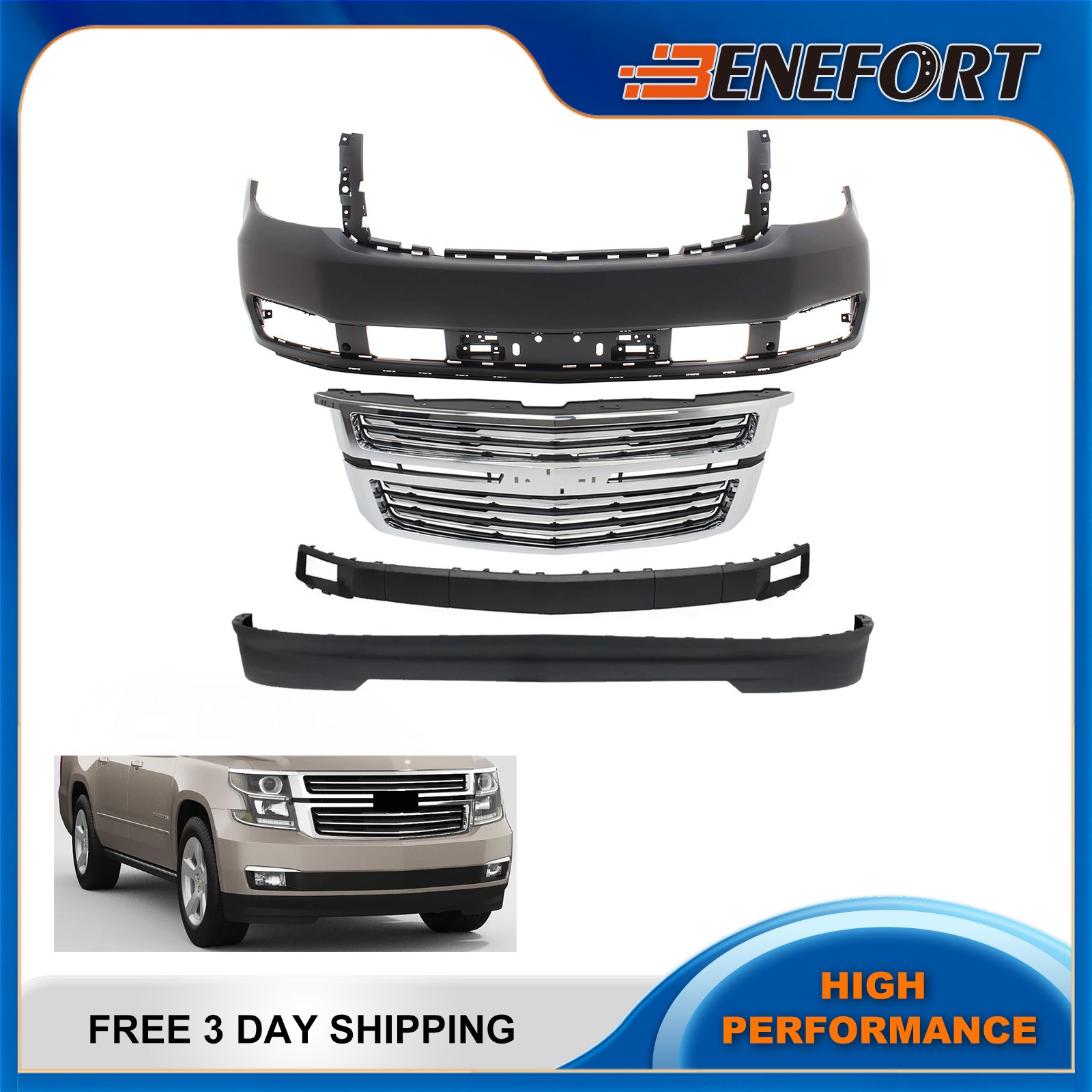 For 2015-2020 Chevy Suburban Tahoe Front Bumper Cover Kit with Chrome Grille