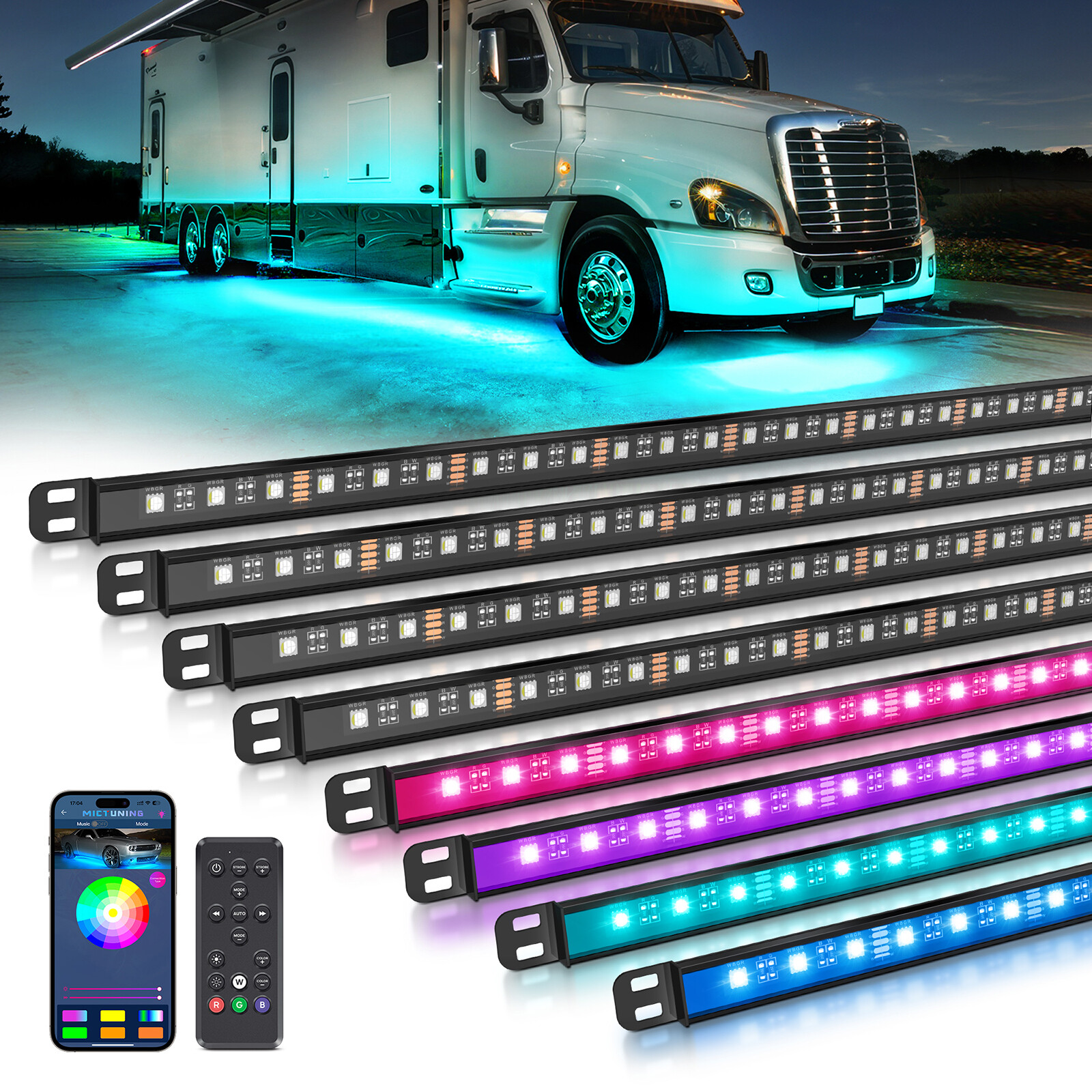 MICTUNING 8Pcs RGBW LED Light Strips Aluminum Tube Underbody Lights Kit for RVs