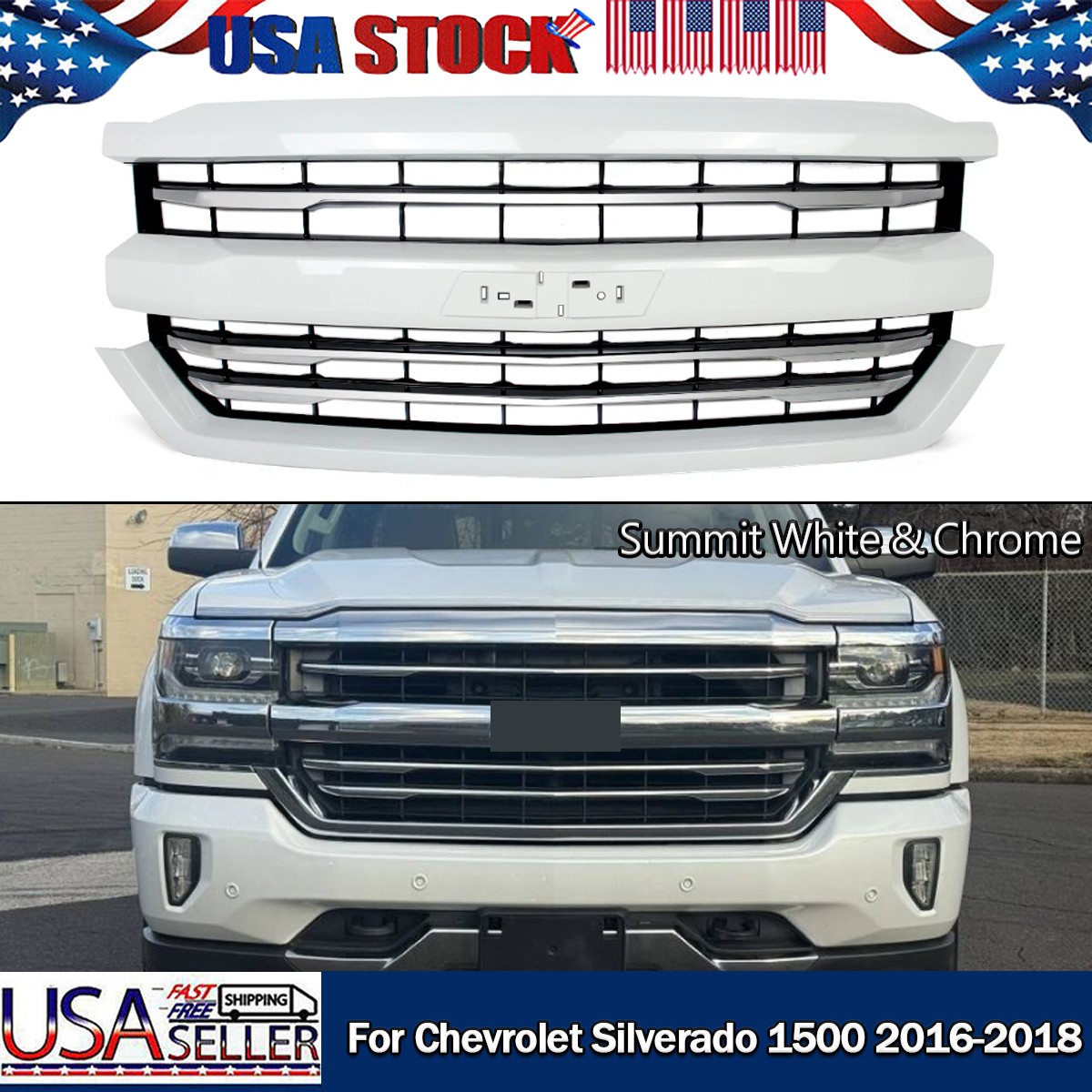 SUMMIT WHITE & CHROME FRONT GRILLE FIT 2016-2018 SILVERADO 1500 Z71 HIGH COUNTRY