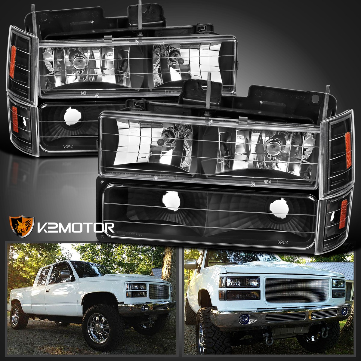 Fit 94-98 GMC C/K C10 Sierra Yukon Black Headlights Bumper Corner Lamp 1994-1998 Fit 94-98 GMC C/K C10 Sierra Yukon Black Headlights Bumper Corner Lamp 1994-1998