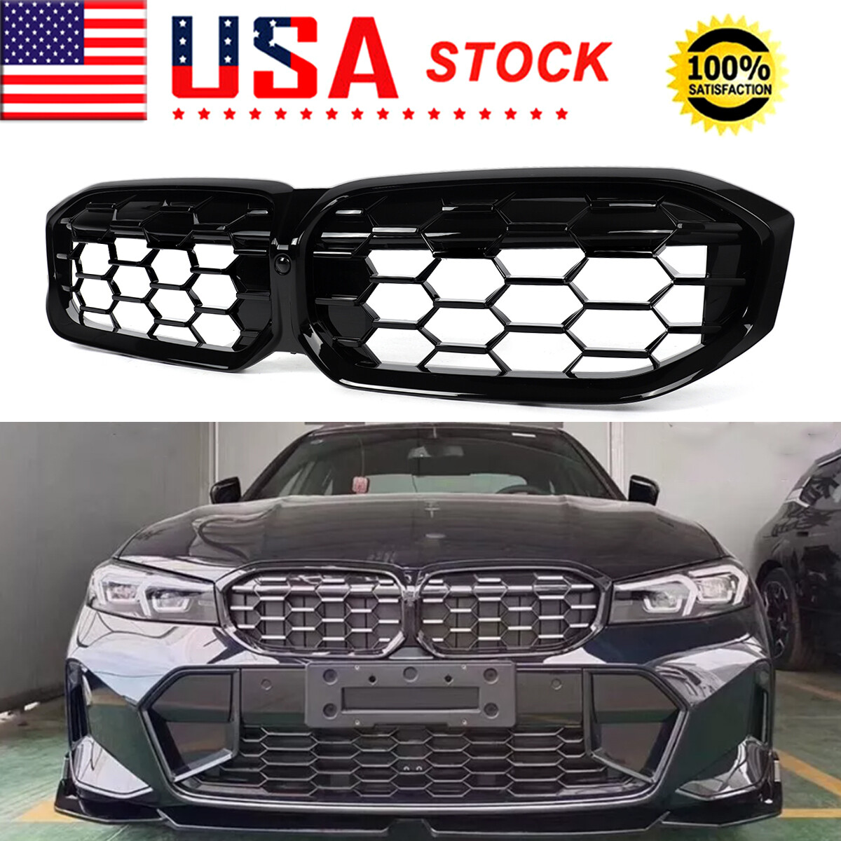 Black Honeycomb Diamond-Style Front Bumper Grille For BMW 3 Series G20 LCI 2023+