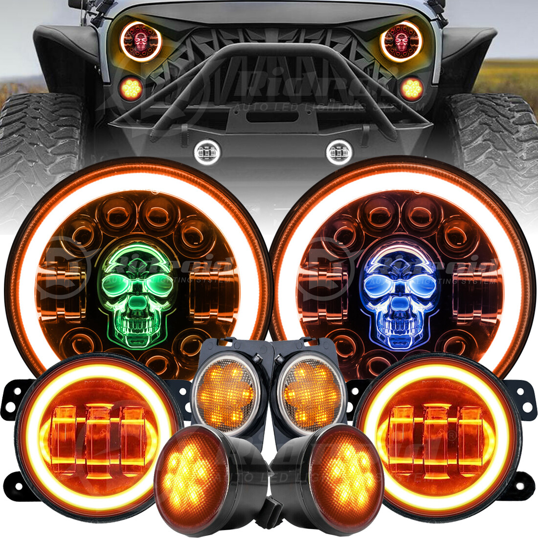 RGB 7'' LED Headlights Fog Turn Parking Lights Combo for Jeep Wrangler JK 07-17