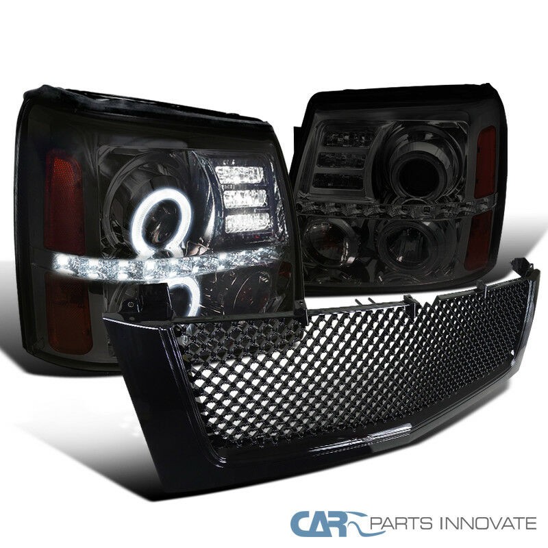 Fit 02-06 Cadillac Escalade Smoke Projector Headlights+Glossy Black Mesh Grille