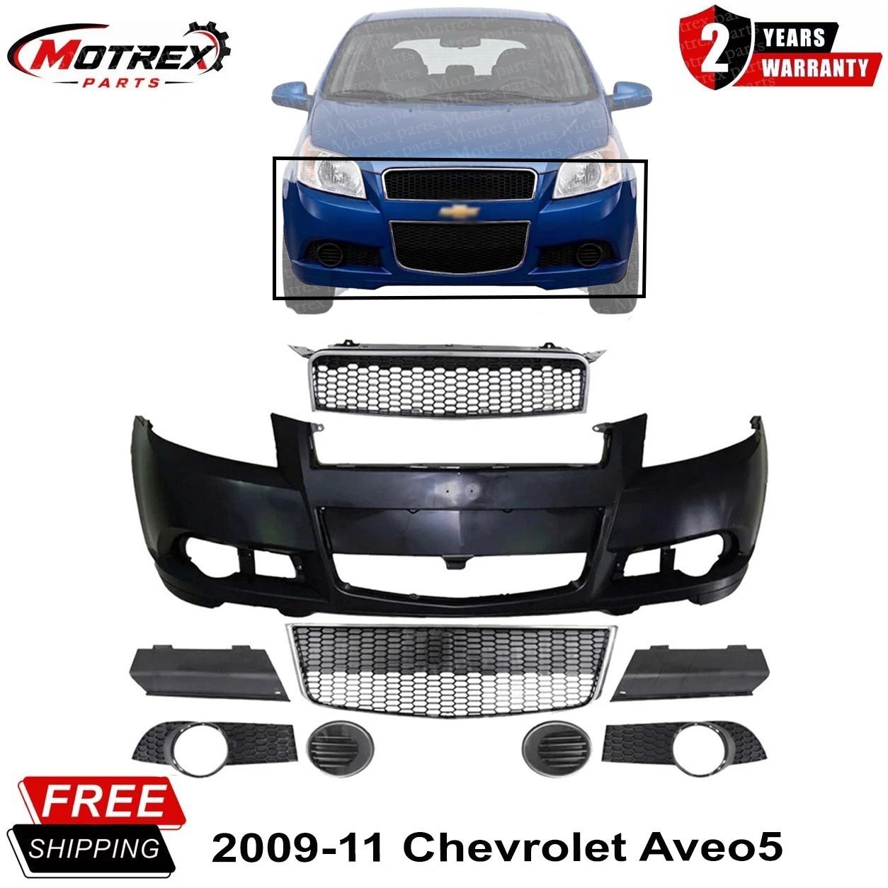 Front Bumper Cover Primed Plastic & Fog Lights Cover For 2009-11 Chevrolet Aveo5