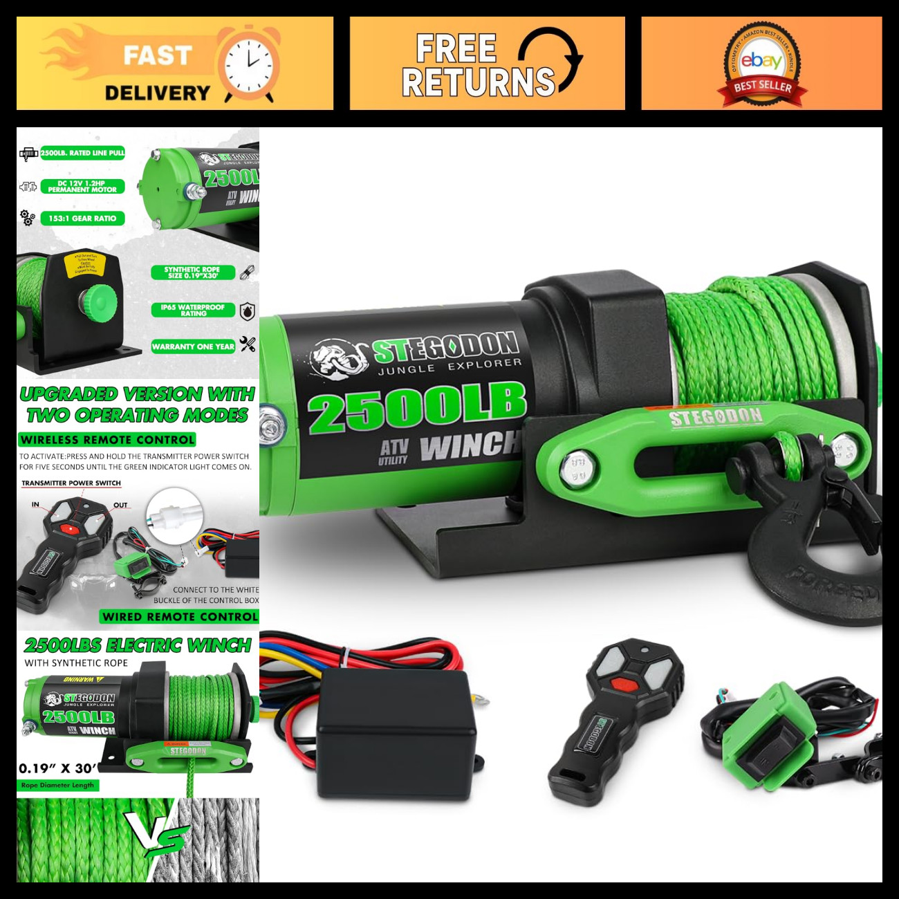 2500 lb Electric Winch for ATV/UTV - 12V Waterproof, Synthetic Rope, Remote Cont 2500 lb Electric Winch for ATV/UTV - 12V Waterproof, Synthetic Rope, Remote Cont