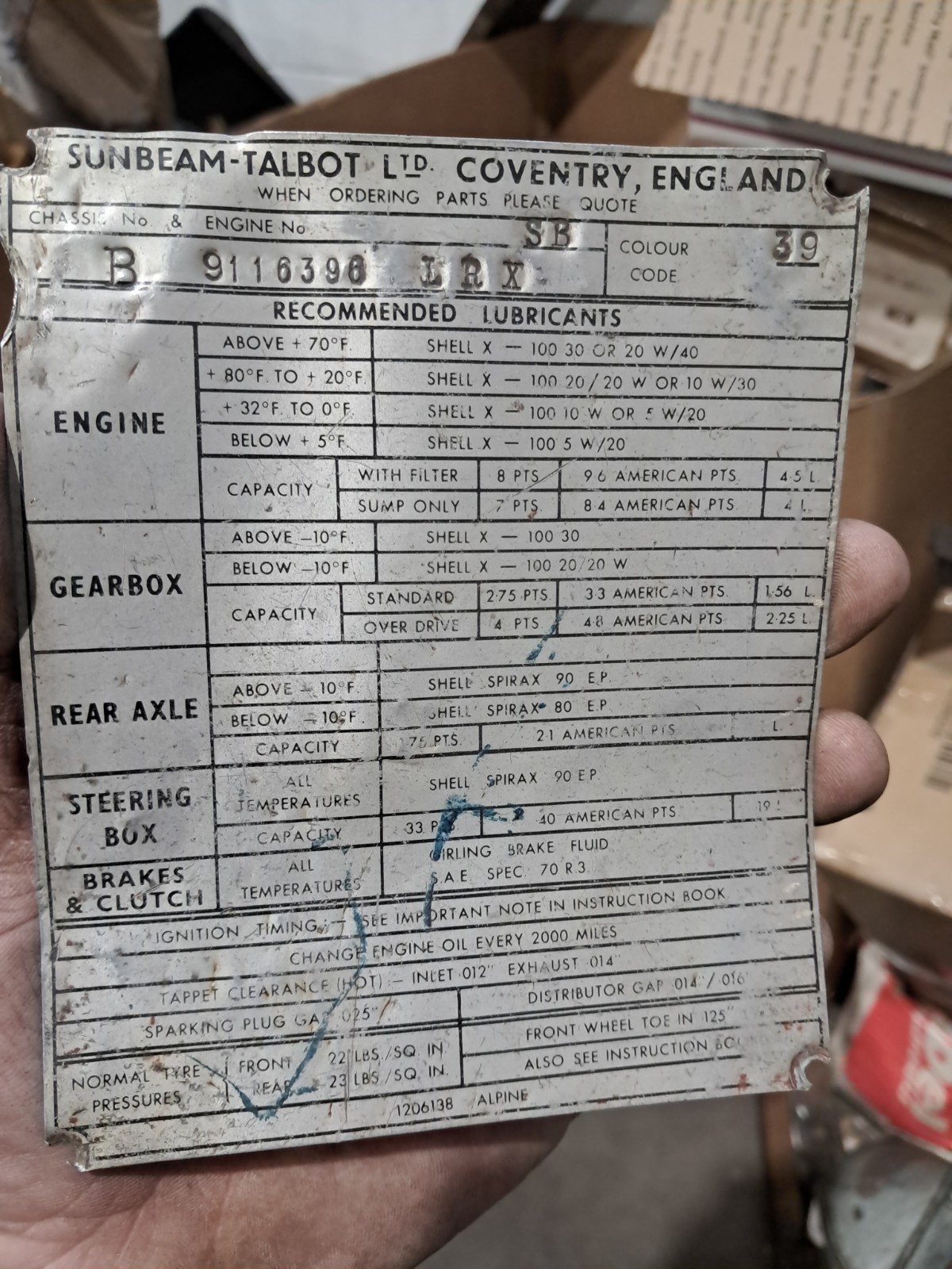 Original Used Sunbeam Talbot Car Data Plate Tag Aluminum Coventry England Original Used Sunbeam Talbot Car Data Plate Tag Aluminum Coventry England