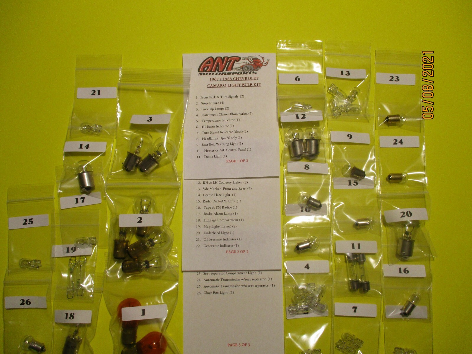 1967 1968 CHEVY CAMARO INTERIOR & EXTERIOR LIGHT BULB KIT   42PCS