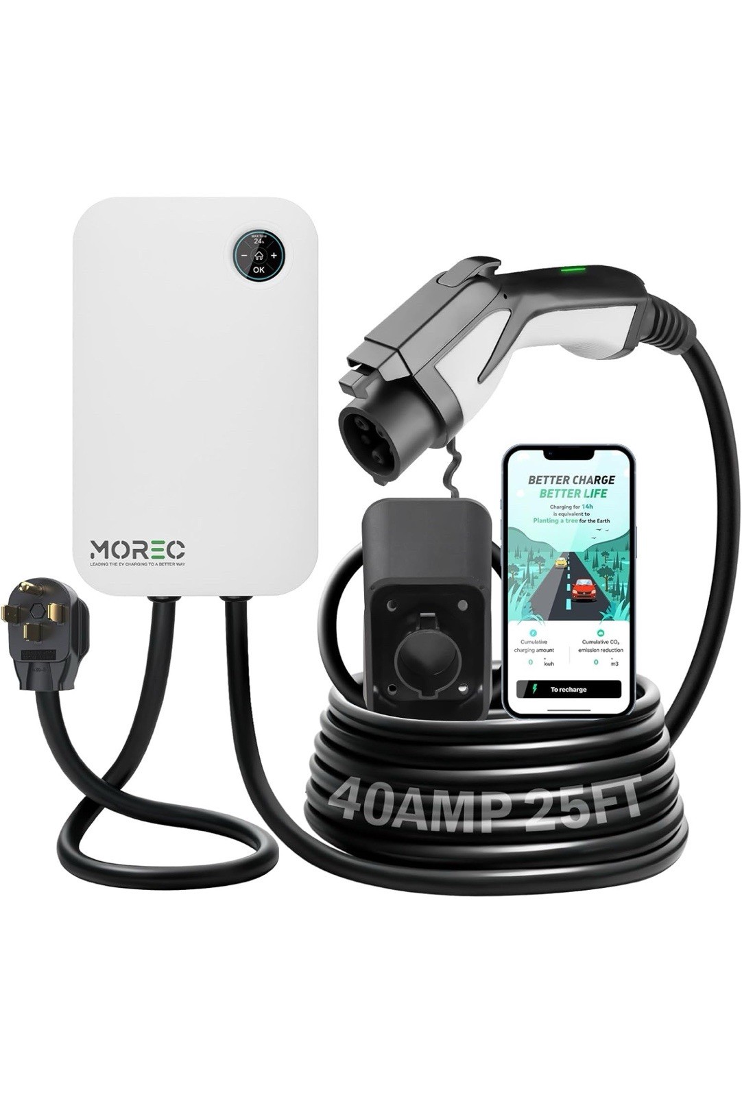 Morec L2 40A EV Charger EVSE NEMA-1450 J1772  240V 25FT Cable APP ETL Cert WHITE