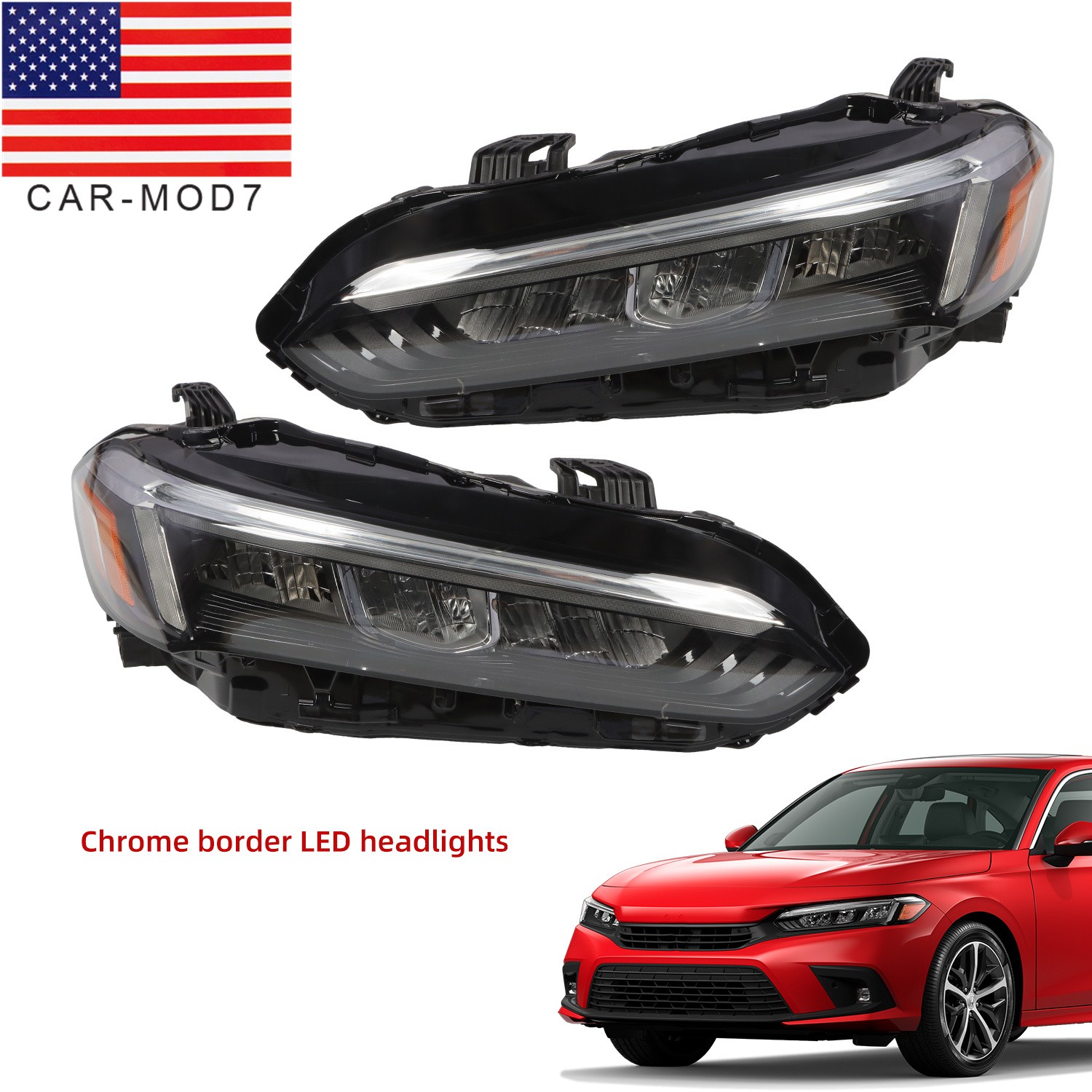 For 2022 2024 Honda Civic Sedan LED Headlight Assembly Pair Chrome 2pc