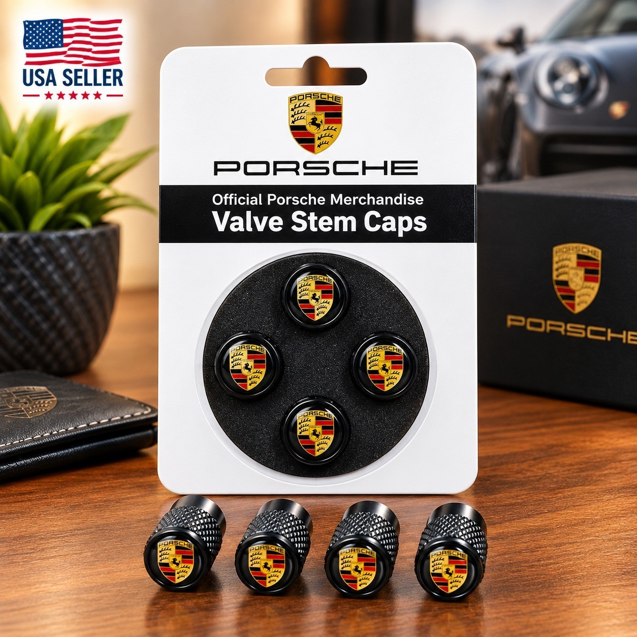 Genuine Porsche Premium OEM Tyre Valve Dust Caps (4x) in Gloss Black .