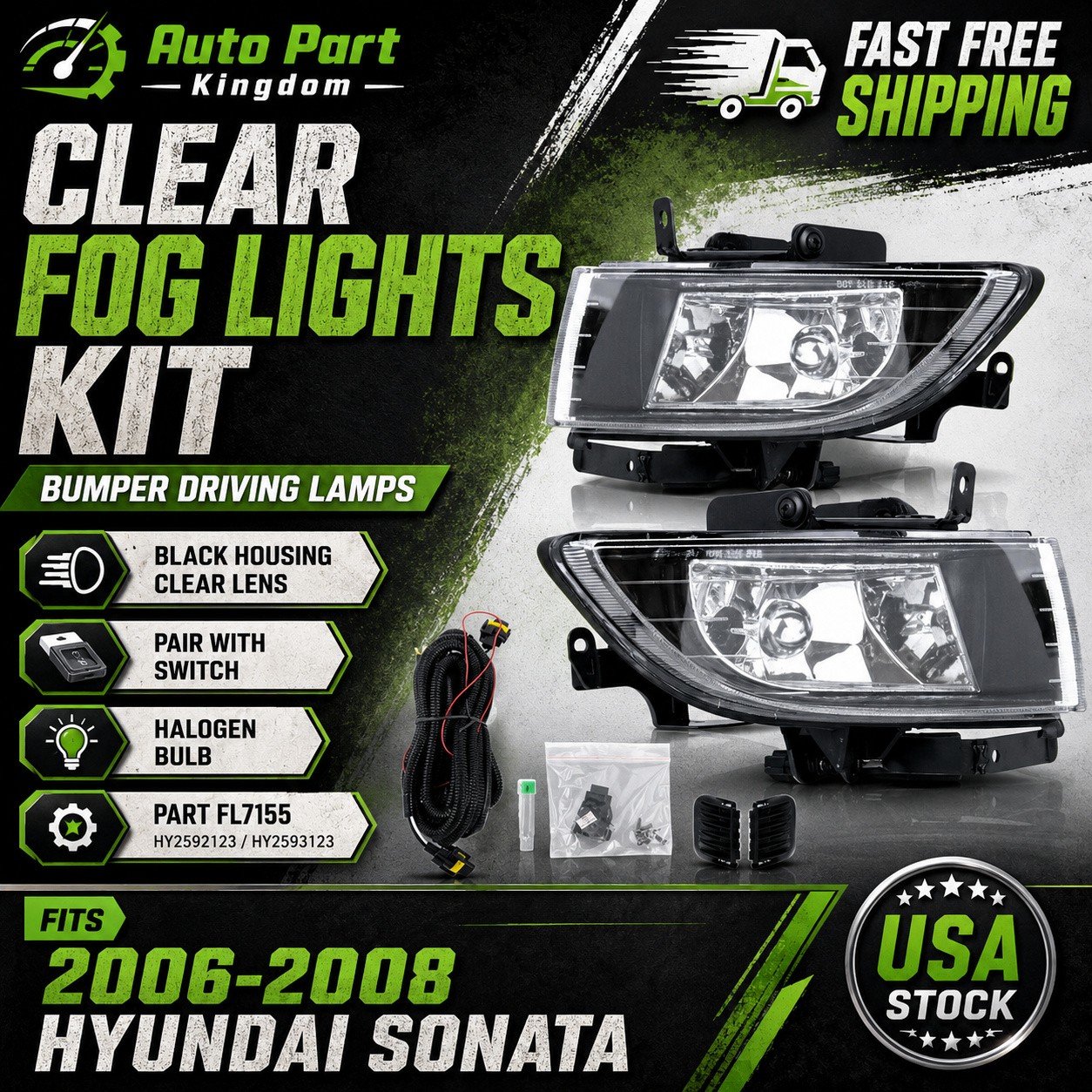 Fits 2006-2008 Hyundai Sonata Clear Fog Lights Driving Bumper Lamps Pair+Switch