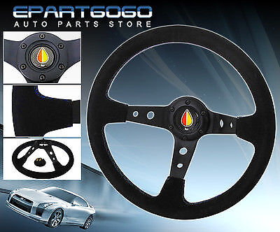 350mm Suede Black Leather Blue Stitching Steering Wheel Jdm Leaf Button Badge 350mm Suede Black Leather Blue Stitching Steering Wheel Jdm Leaf Button Badge