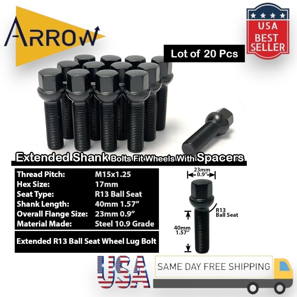 20x Black 15x1.25 Ball Seat Lug Bolt 40mm Fit Mercedes GLE GLS 450/580/600/63AMG
