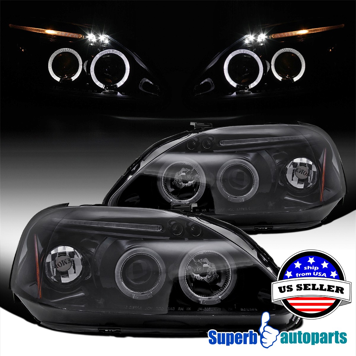 Fits 1999-2000 Honda Civic Halo Projector Headlights LED Tube Glossy Black Smoke