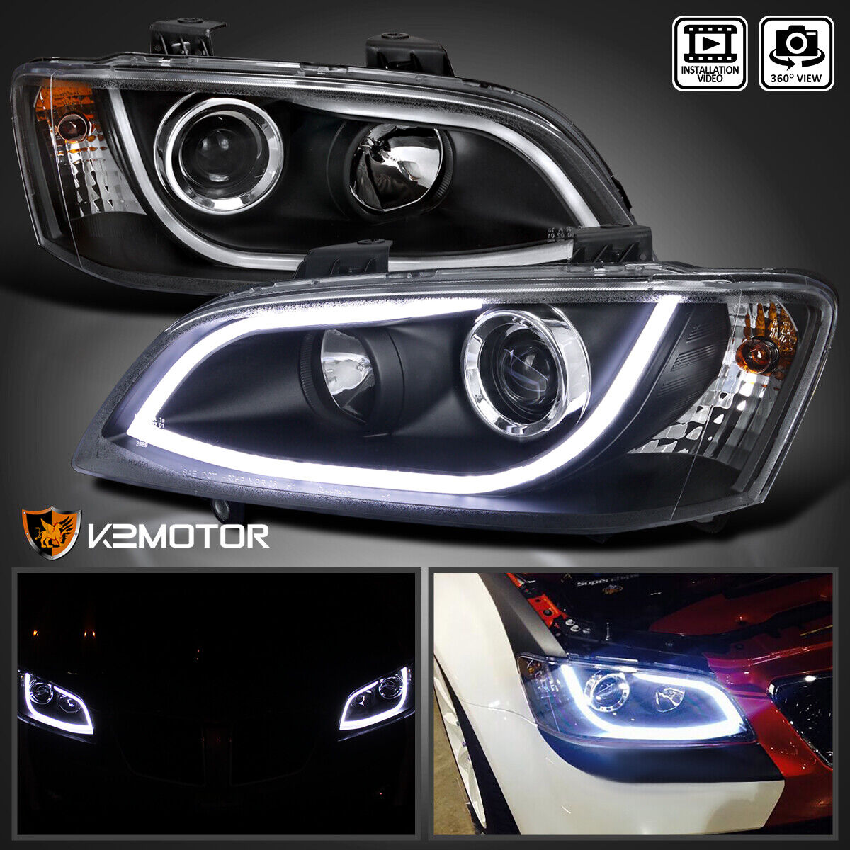 Black Fits 2008-2009 Pontiac G8 LED Bar Projector Headlights+Turn Signal Lamps