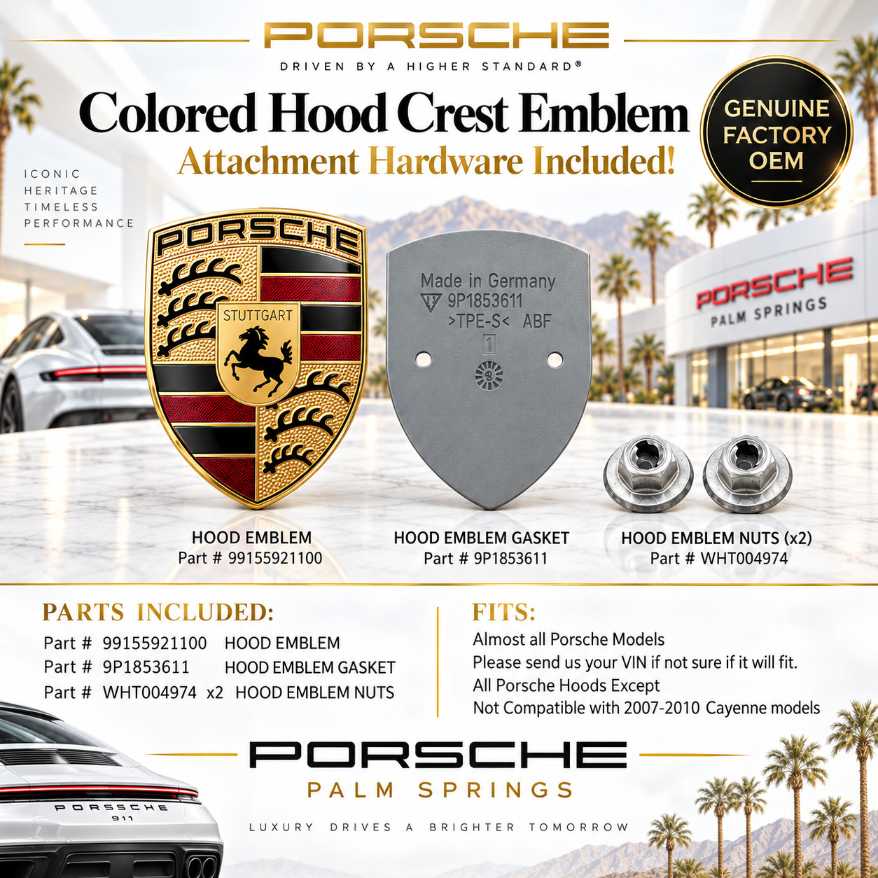 Genuine Porsche OEM Hood Crest Emblem Badge Kit w/ Gasket & Mounting Nuts