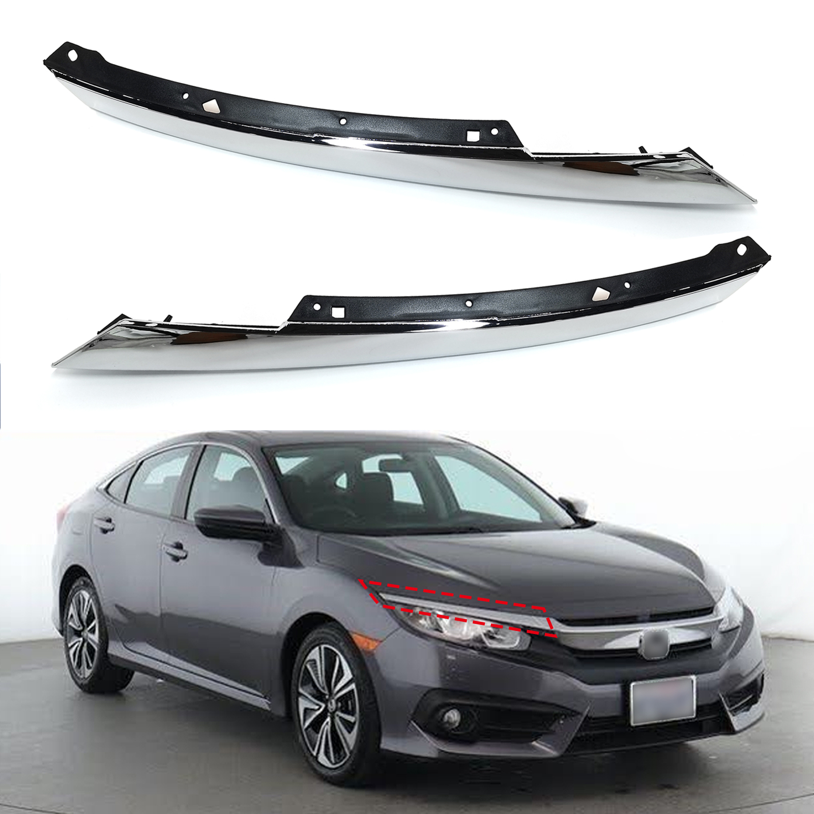Fit 2016-2017 2018 Honda Civic Chrome Grille Headlight Eyelid Molding Trim LH+RH Fit 2016-2017 2018 Honda Civic Chrome Grille Headlight Eyelid Molding Trim LH+RH