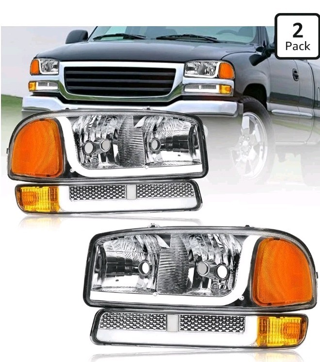 DimFlux LED DRL Headlights for 99-07 GMC Sierra 1500 99-06 Yukon Chrome Housing