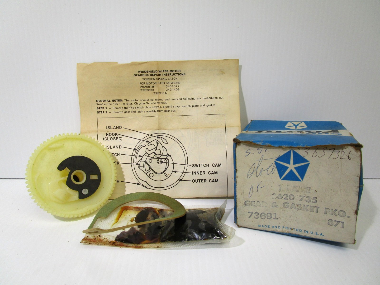 NOS 1971-73 A- B-C-E BODY MOPAR DODGE 3-SPEED WIPER MOTOR GEAR KIT 3620735 TW33