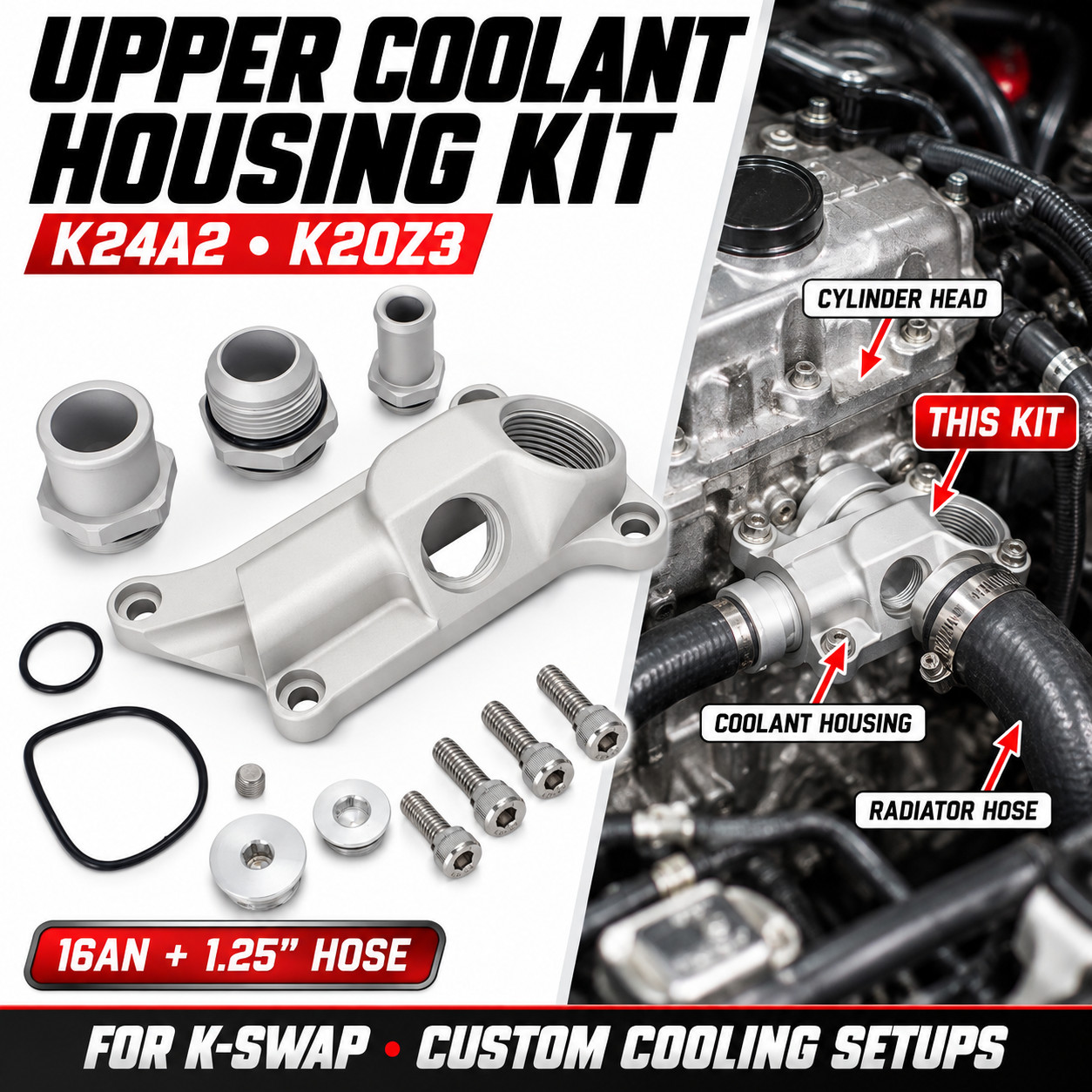 For K24A2 K20Z3 Billet Upper Coolant Housing Kit 16AN 1.25