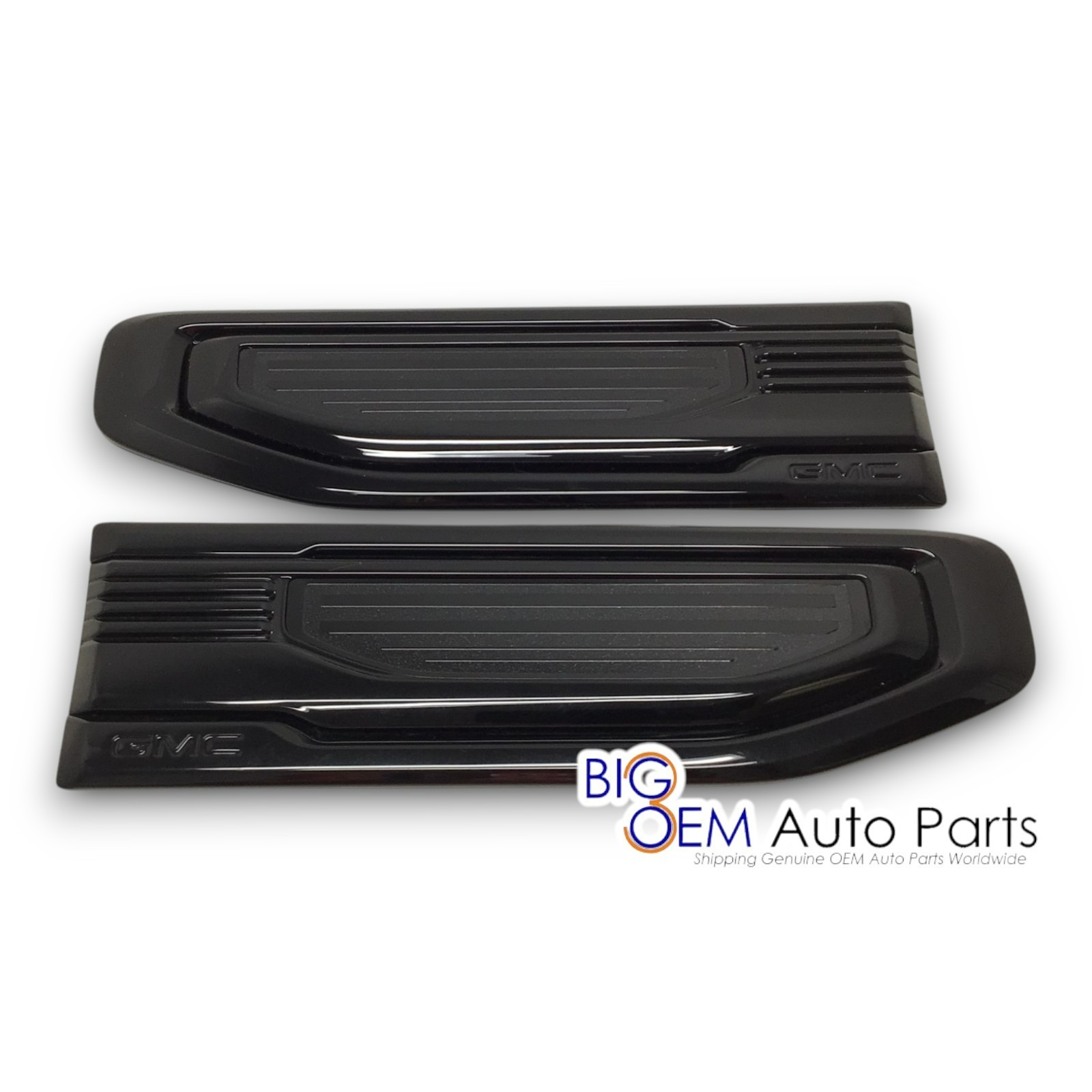 OEM new 2022 2023 GMC Sierra Driver Passenger Fender Vent Gloss Black Emblem set