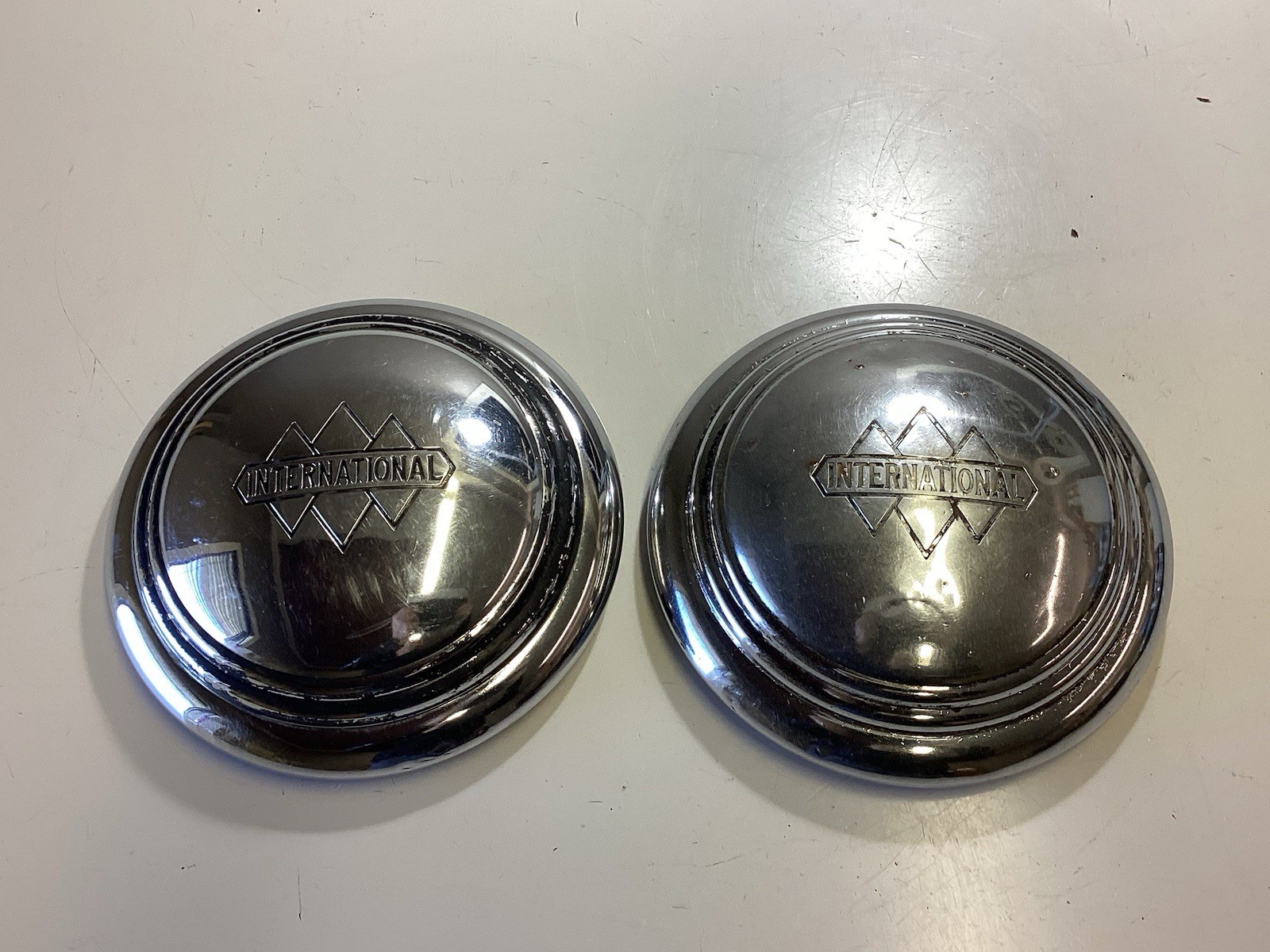 (2) 1940’s International Truck L-110 Chrome Hubcaps (2) 1940’s International Truck L-110 Chrome Hubcaps