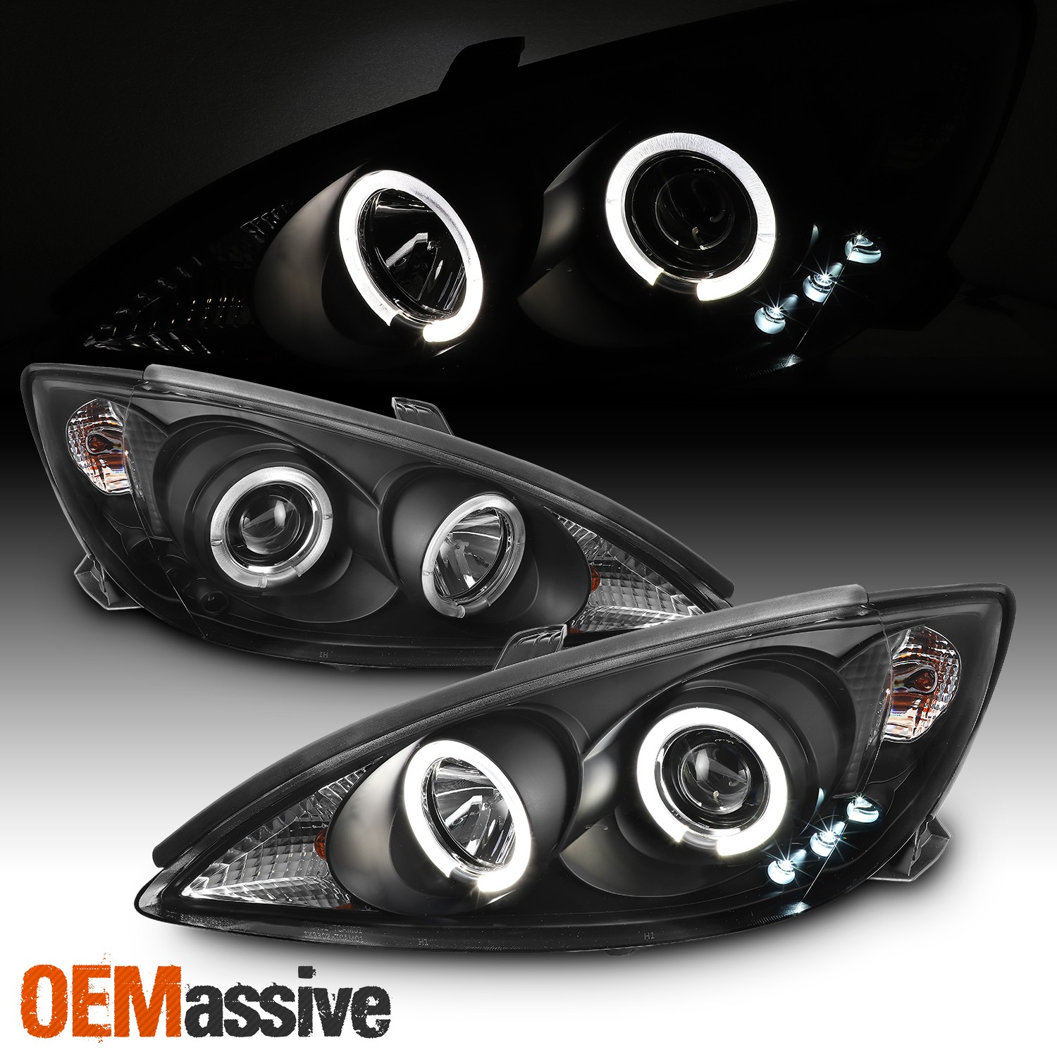 Fits 2002-2006 Toyota Camry Le Se Dual Halo Projector Black Headlights LH+RH