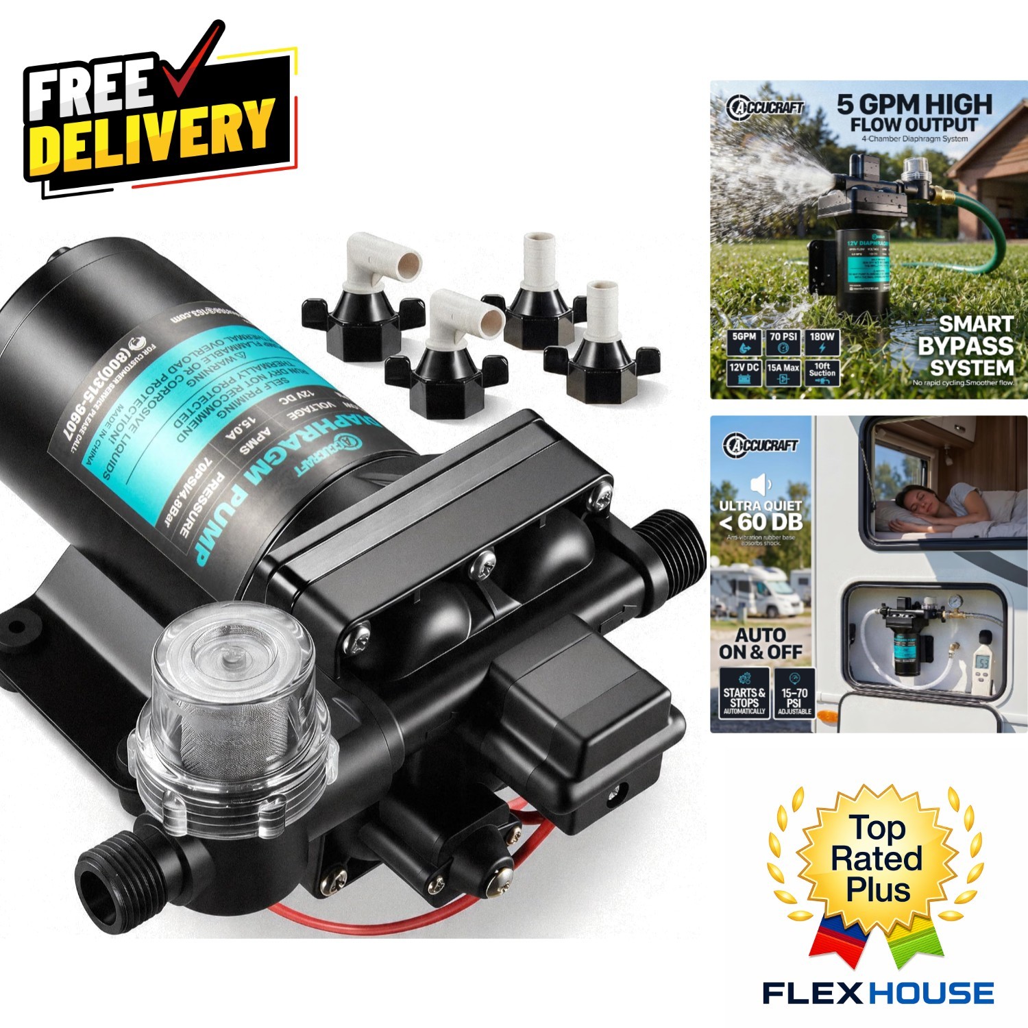 Durable 12V Diaphragm Pump | 5.0 GPM & 10 Ft Lifting Height for RVs & Yachts