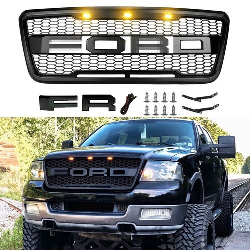 For 2004-2008 F150 F-150 Raptor Style Front Bumper Grille Grill Black W/ Lights