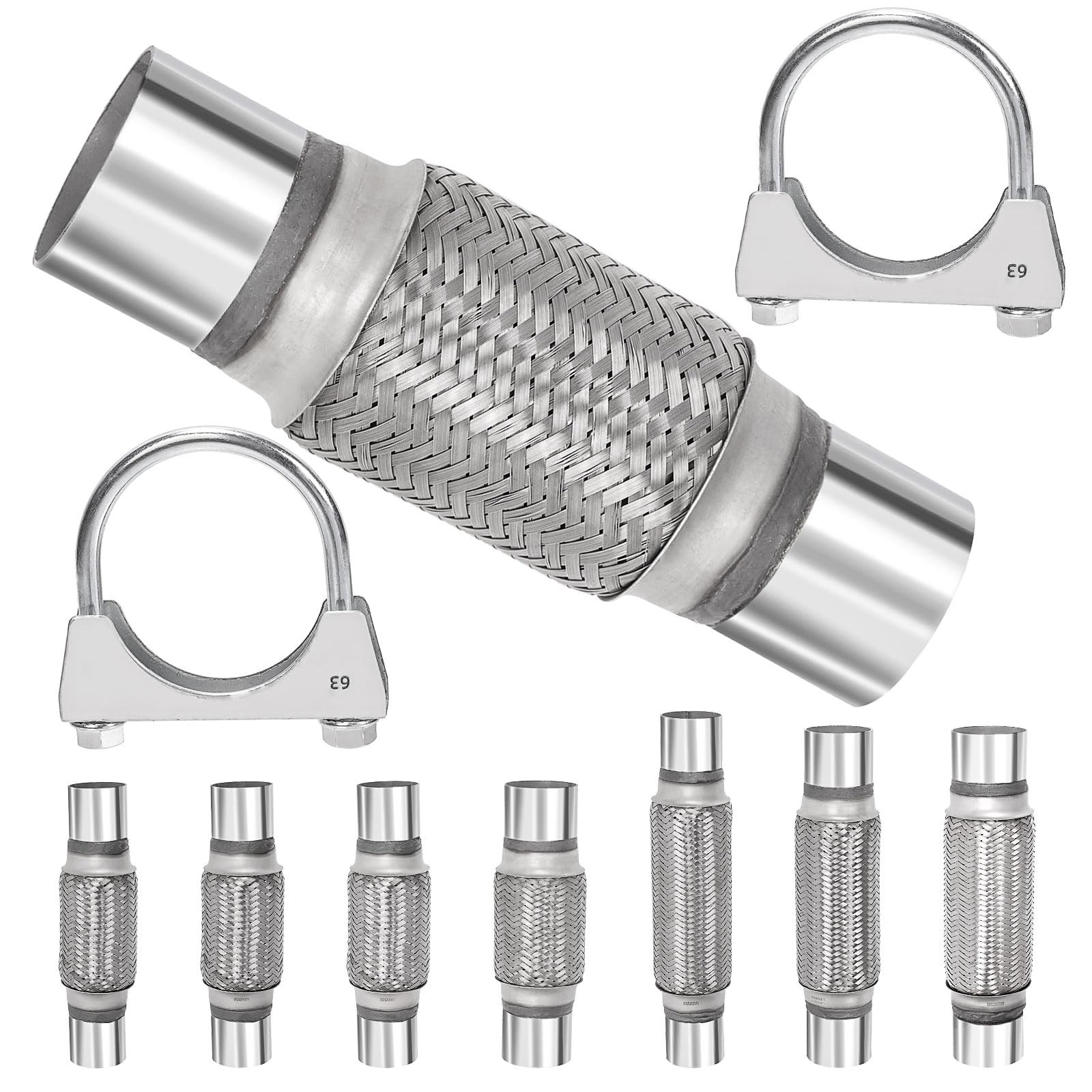 3PCS 2.5'' Exhaust Flex Pipe Kit w/U-Clamp Stainless Steel Double Braid 3PCS 2.5'' Exhaust Flex Pipe Kit w/U-Clamp Stainless Steel Double Braid