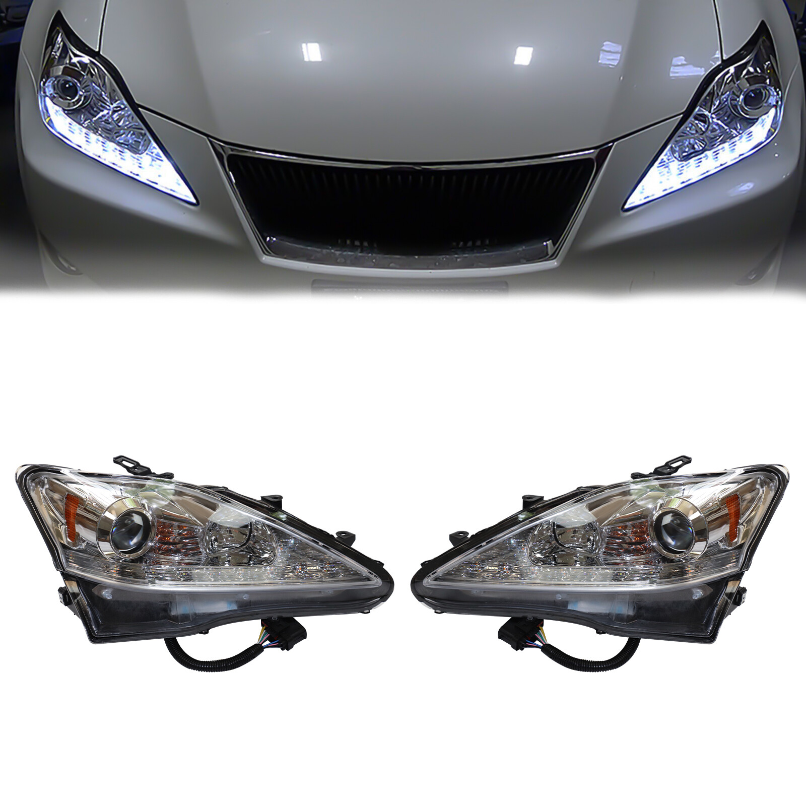 Pair Headlights For 2006-2013 Lexus IS250 IS350 LED DRL Projector Chrome LH & RH