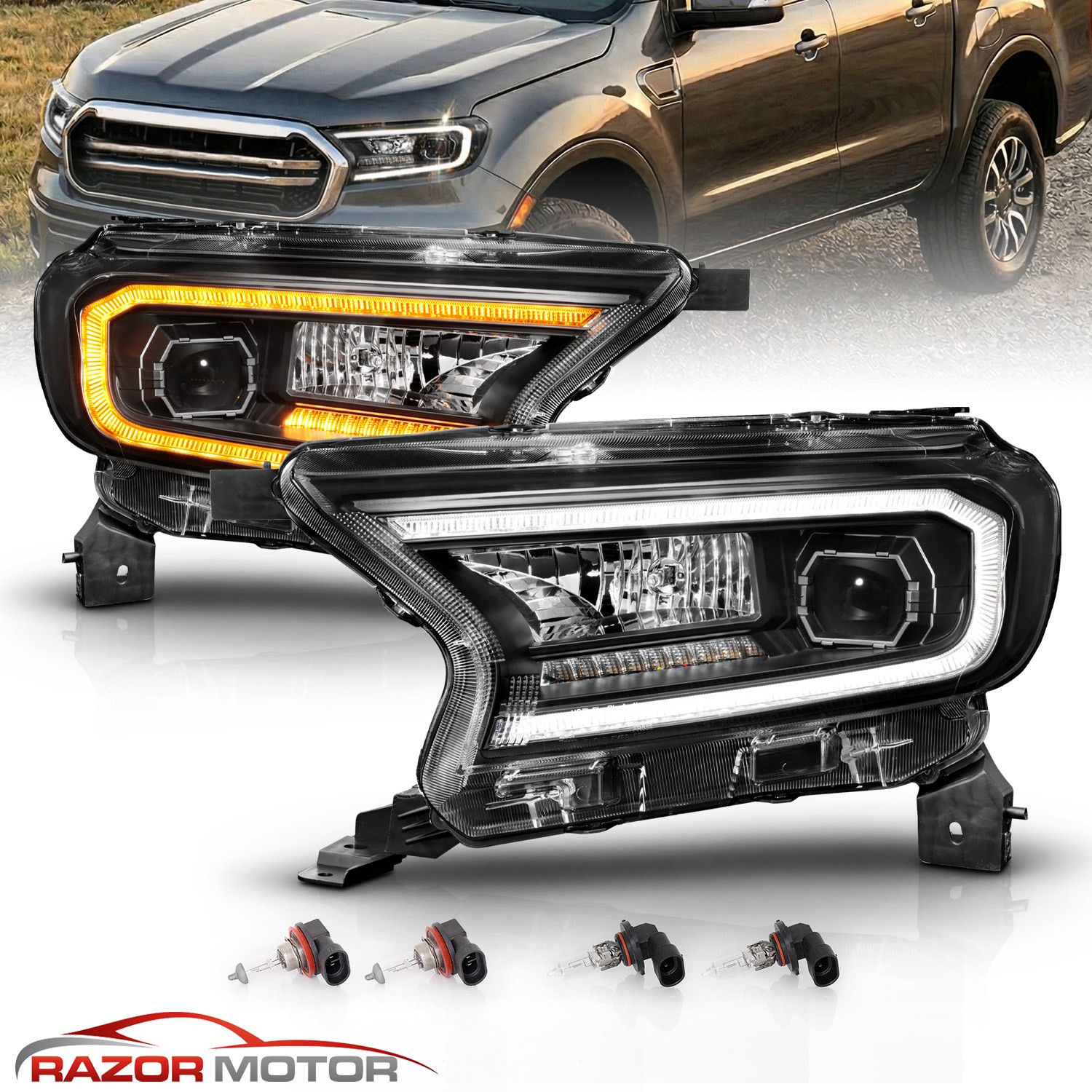 2019-2022 For Ford Ranger Project Sequential LED DRL Black Headlights