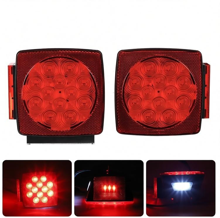 1 Pair Rear LED Submersible Square Trailer Tail Lights Kit Boat Truck Waterproof
