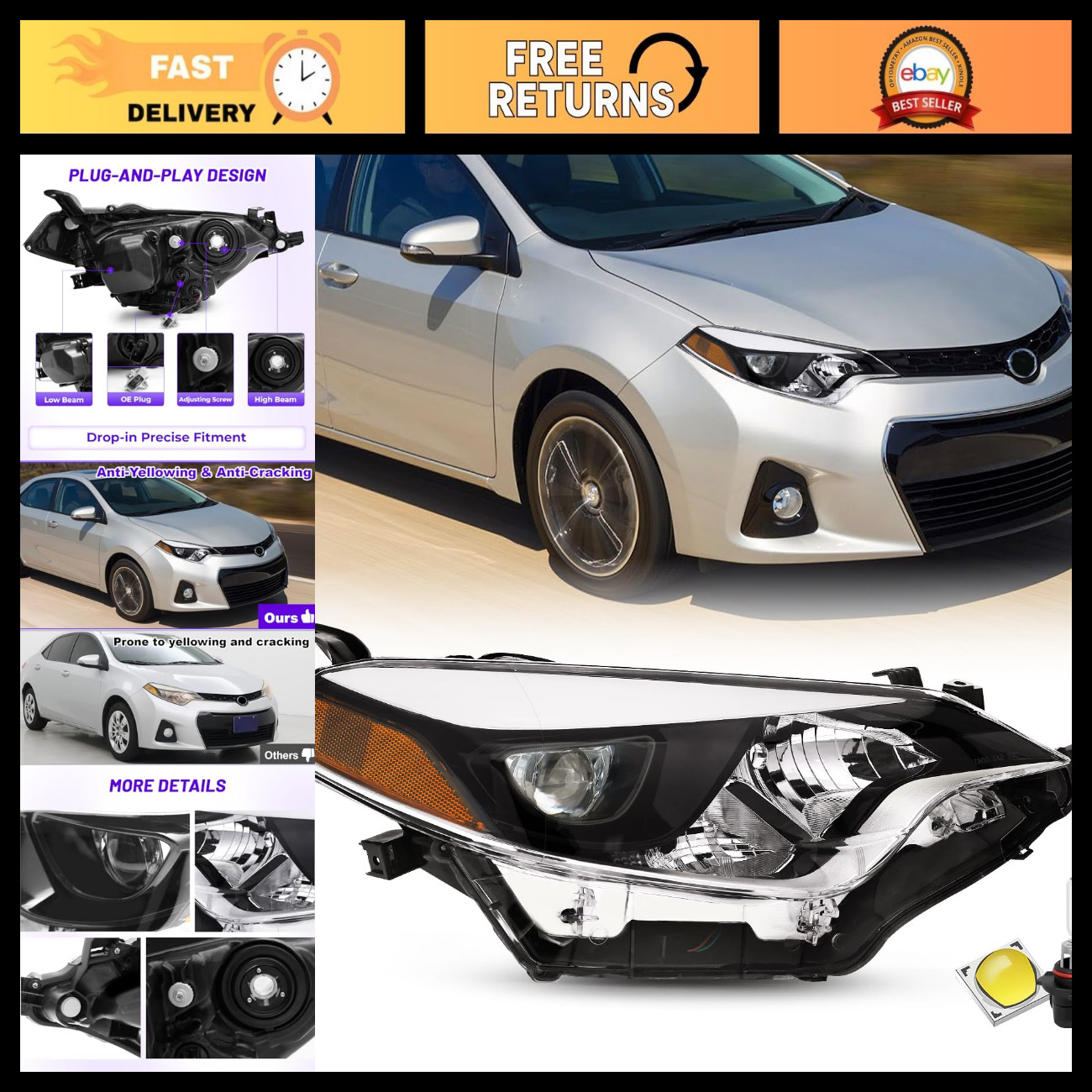 LED Headlights for 2014-2016 Toyota Corolla 4-Door Sedan - Bright & Energy Effic