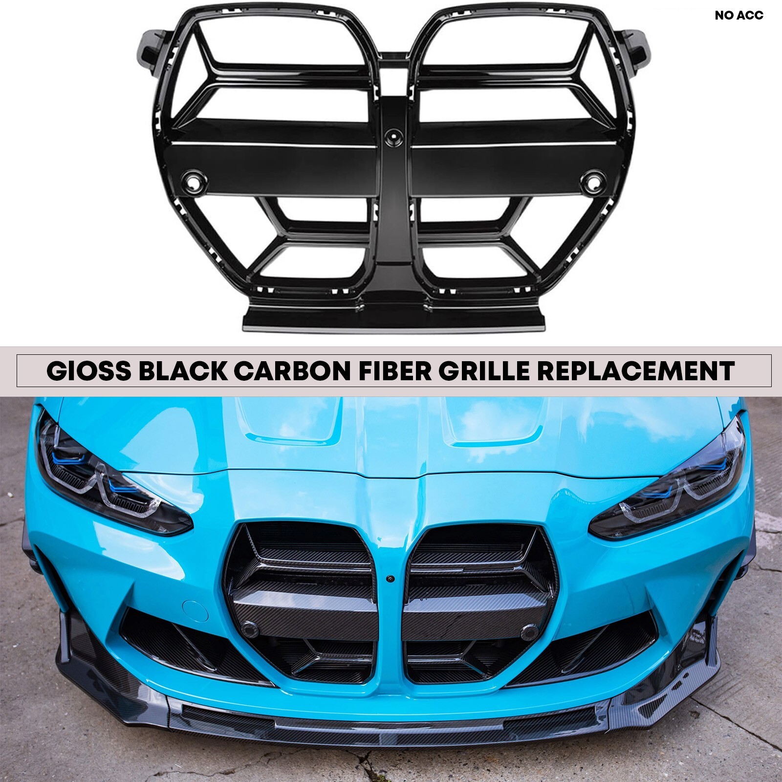 2021-23 BMW M3 G80 M4 G82 G8X GLOSS BLACK CARBON FIBER NOSE GRILL GRILLE NO ACC