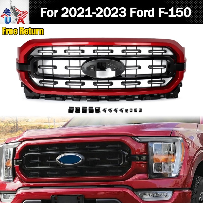 For 2021-23 Ford F-150 F150 Rapid Red+Gloss Black Front Bumper Grille Grill