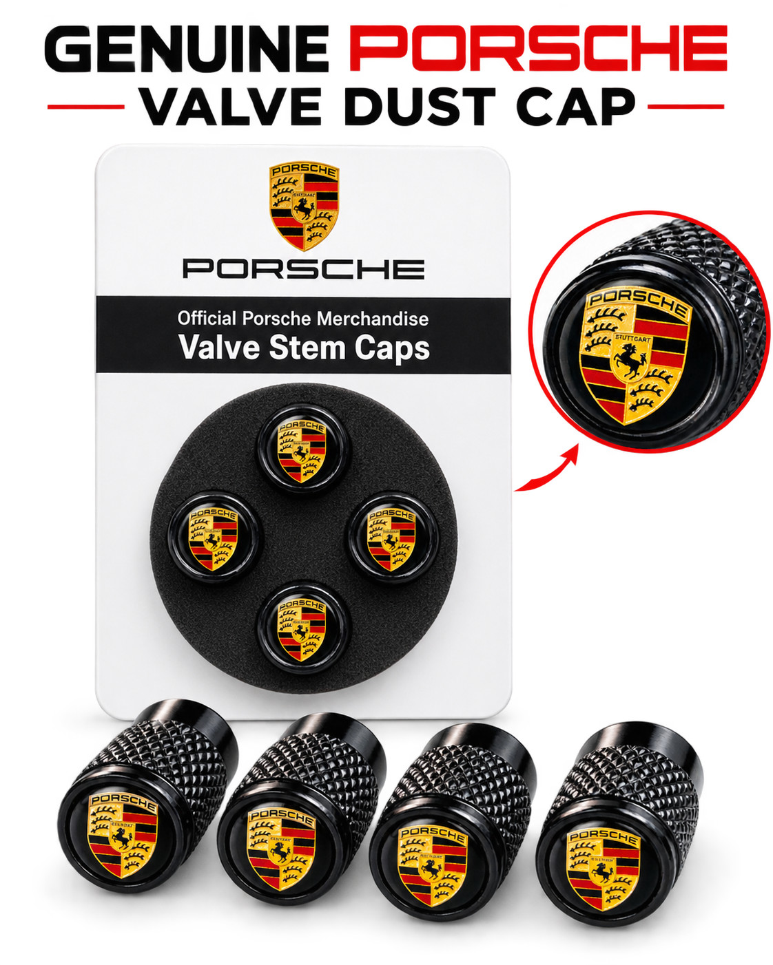 Porsche-Style Premium OEM Tyre Valve Dust Caps (4x) in Gloss Black