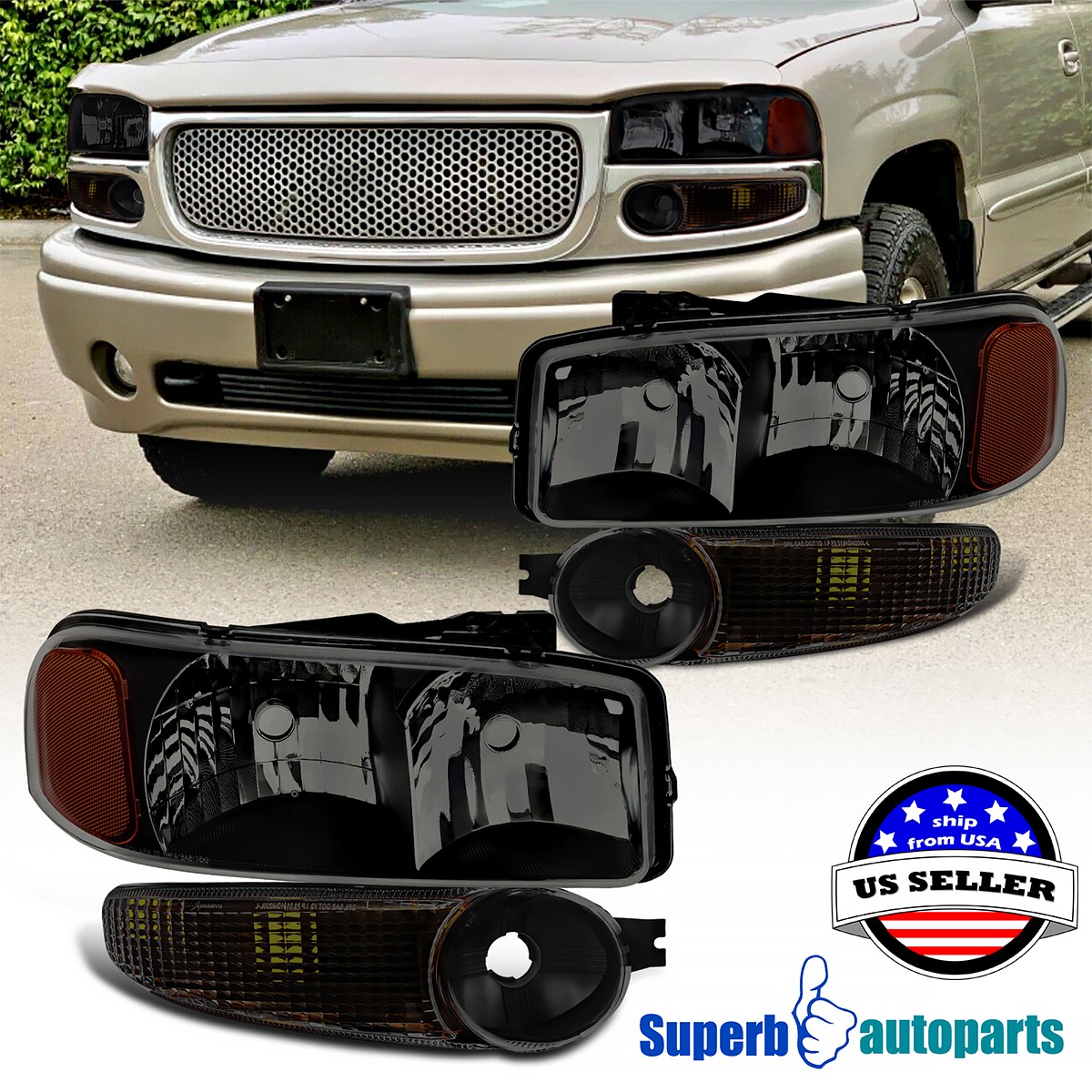 For 00-06 GMC Sierra 1500 2500 3500 Yukon XL Denali Smoke Headlight+Bumper Light For 00-06 GMC Sierra 1500 2500 3500 Yukon XL Denali Smoke Headlight+Bumper Light