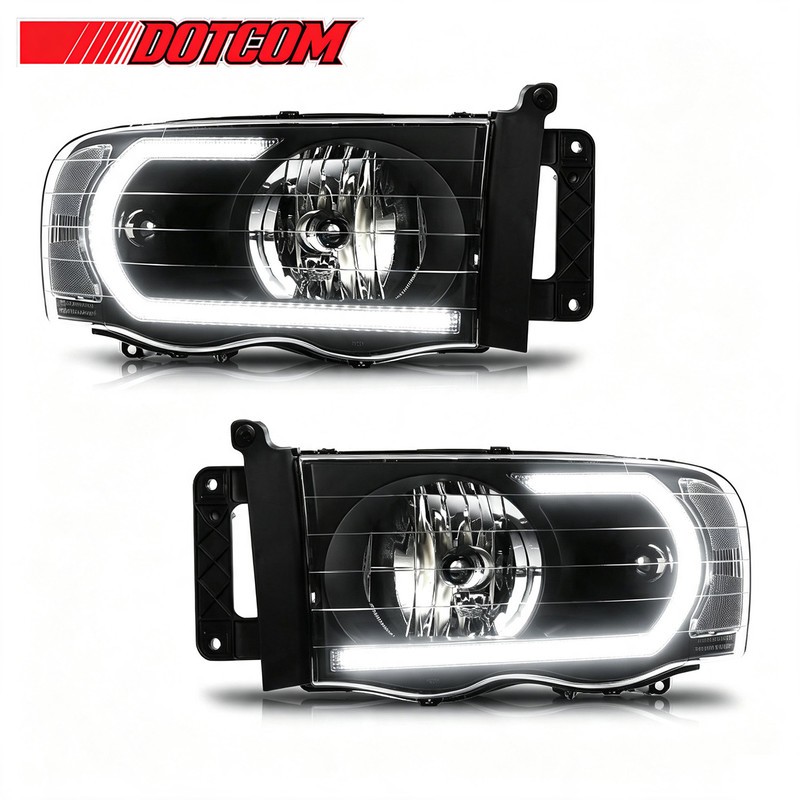 For 2002 03‑2005 Dodge Ram 1500 2500 3500 LED DRL Black Housing Headlight Lamps