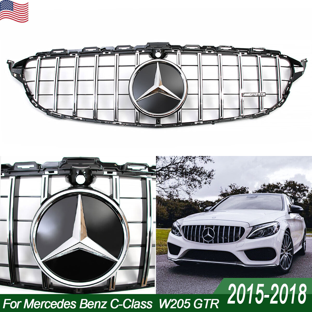 GTR Grill Grille For 2015-2018 Mercedes Benz W205 C-CLASS C300 C350e w/Emblem
