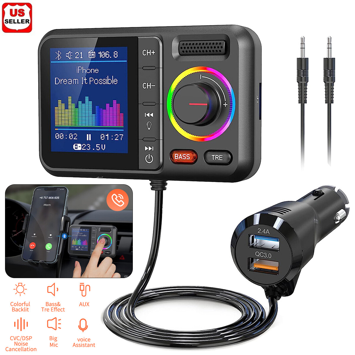Bluetooth 5.0 Car Wireless FM Transmitter Adapter USB PD Charger AUX Hands LOT