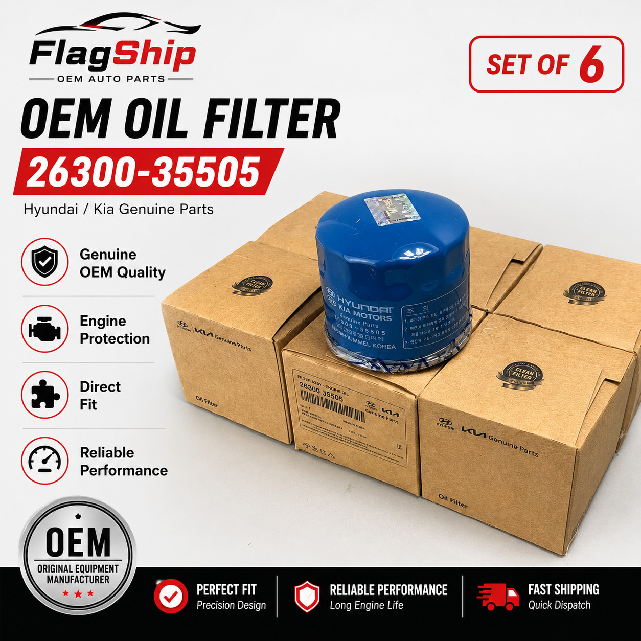 Set of 6pcs GENUINE OEM Oil Filters for Genesis Hyundai Kia 2630035505 Set of 6pcs GENUINE OEM Oil Filters for Genesis Hyundai Kia 2630035505