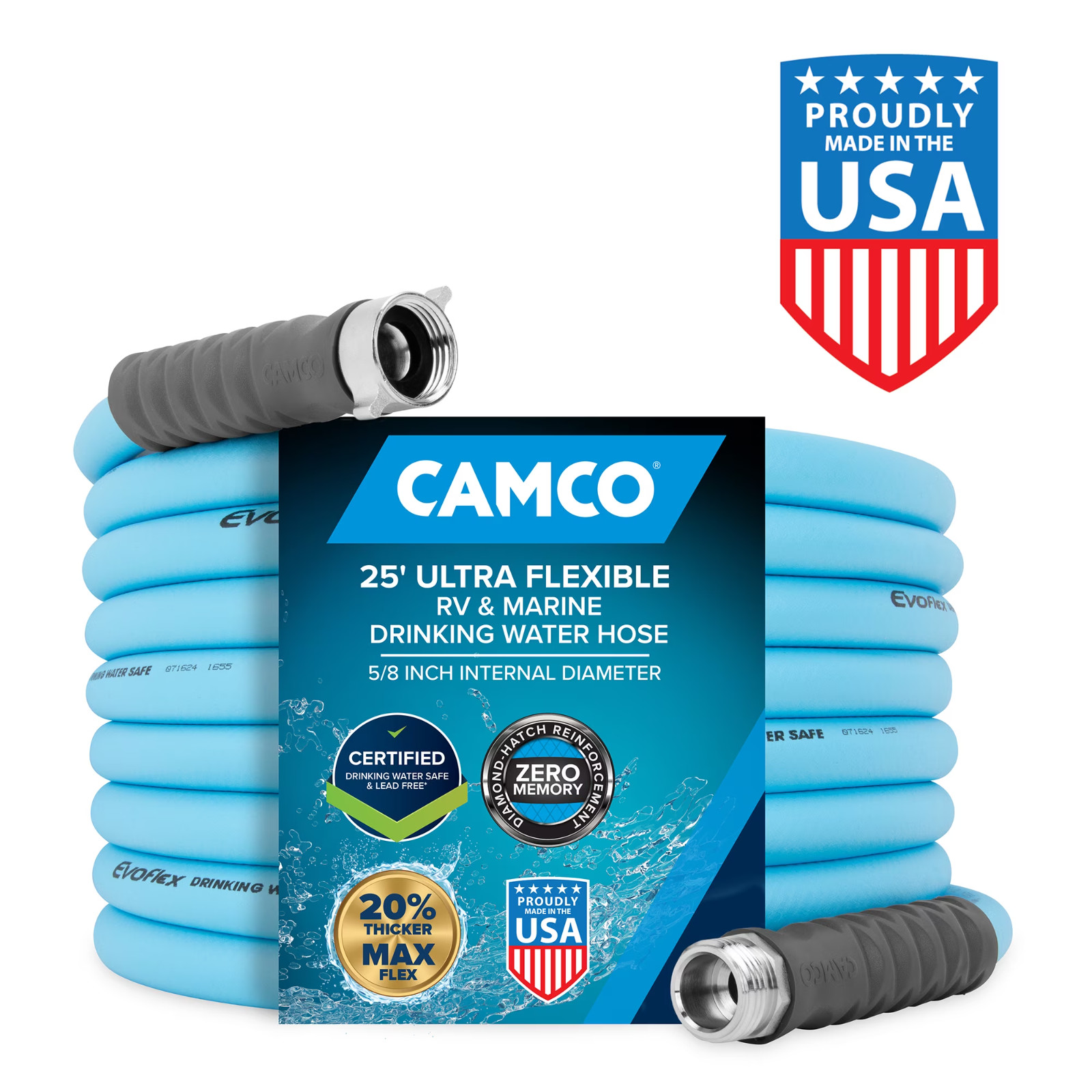 Camco EvoFlex 25ft RV Drinking Water Hose 5/8in Blue Stainless Steel Camco EvoFlex 25ft RV Drinking Water Hose 5/8in Blue Stainless Steel
