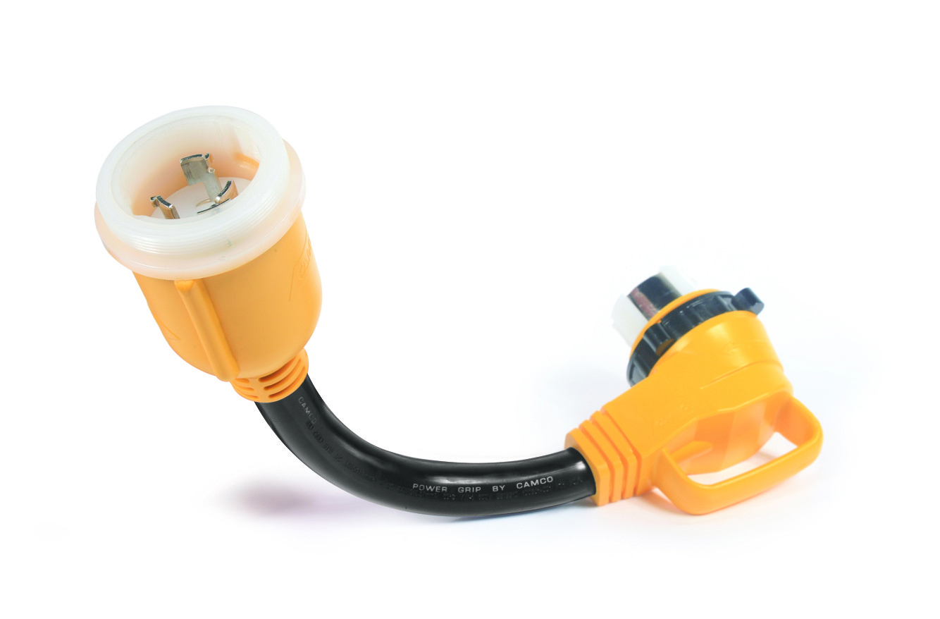 Camco 55572 18  50 Amp Locking Male 50 Amp Locking 90 Degree Female Powergrip