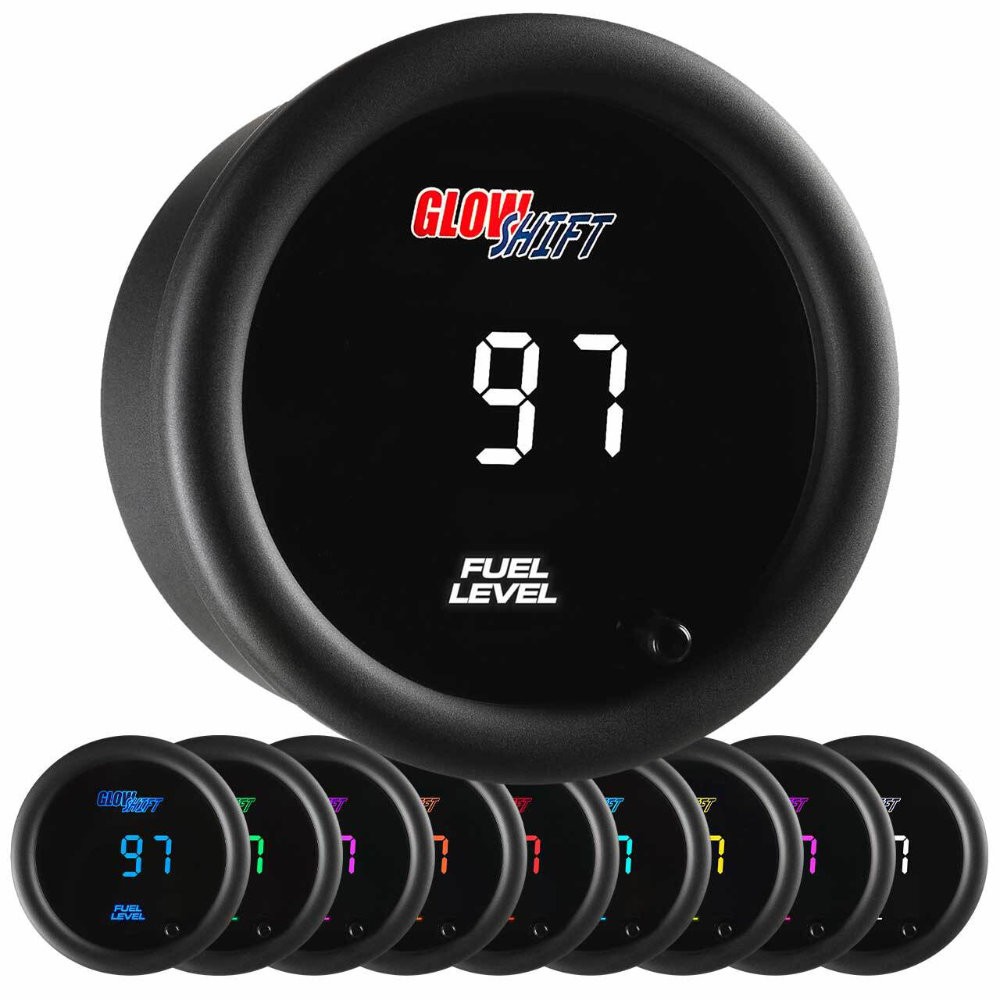 GlowShift Digital Fuel Level Gauge Kit for Gasoline w/ 10 OHM Levels, 10 Color