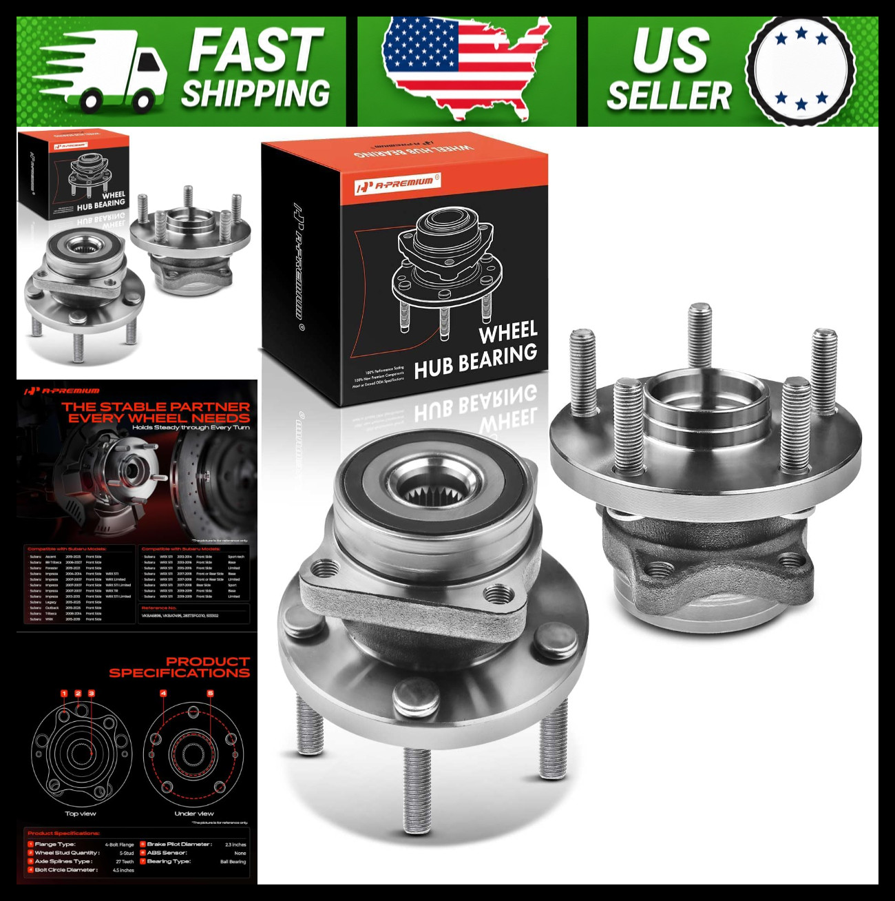 A-Premium 2-Pack Wheel Bearing Hub Assembly, 5-Lug, Compatible with Subaru