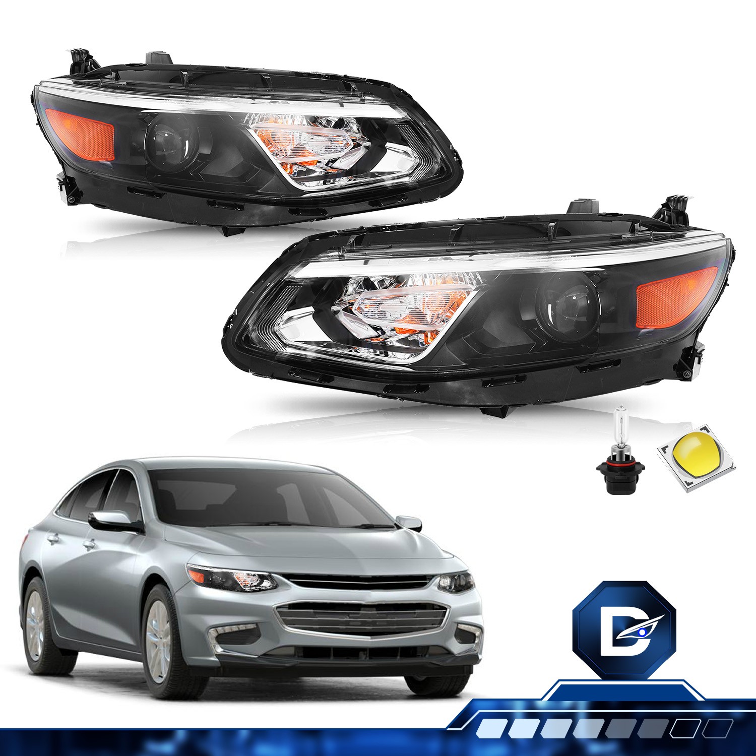 For 2016-2018 Chevy Malibu Halogen Headlight Assembly Black with bulb LH+RH Pair