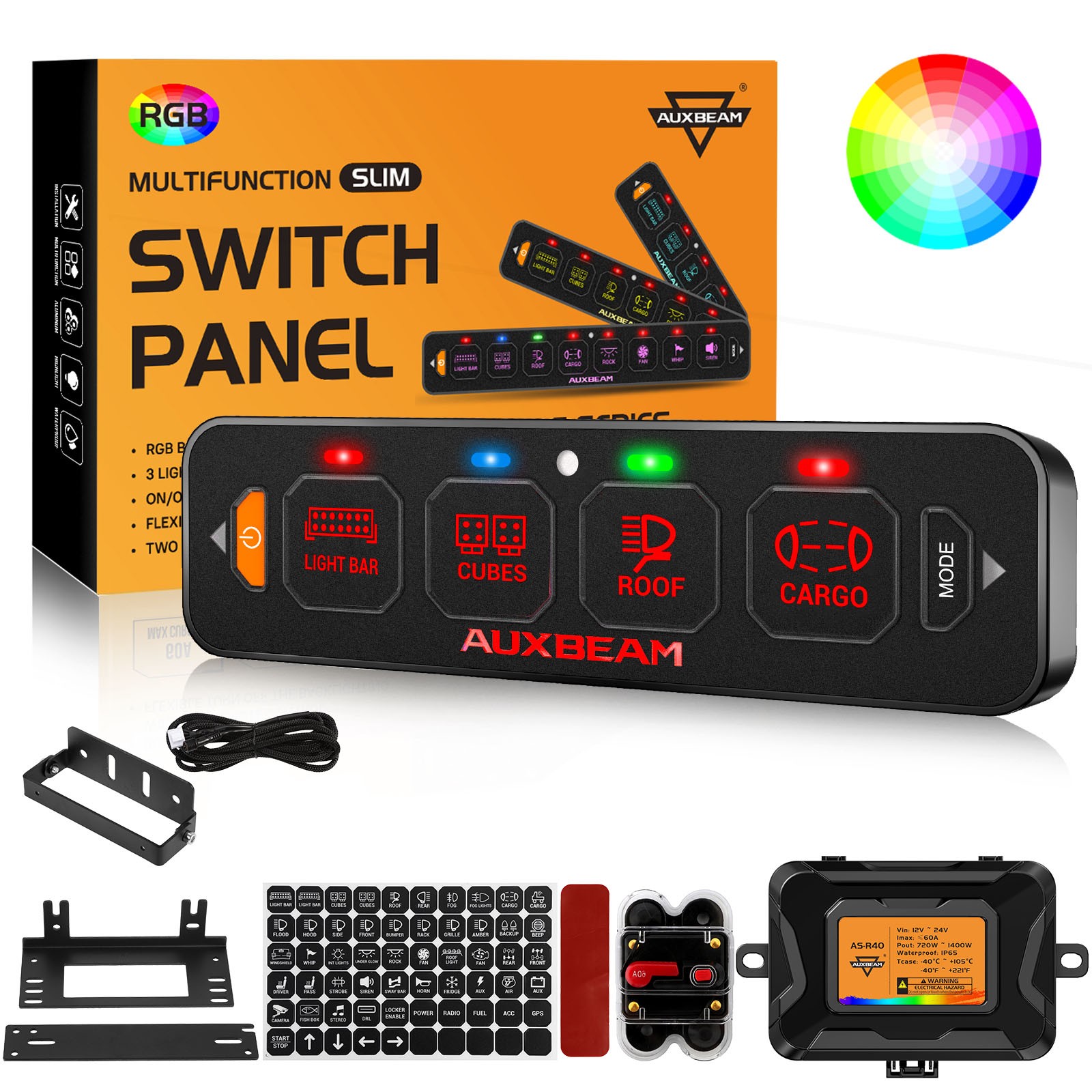 Auxbeam RGB Slim 4 Gang Switch Panel  for Truck SUV UTV ATV Marine RV Camper Van
