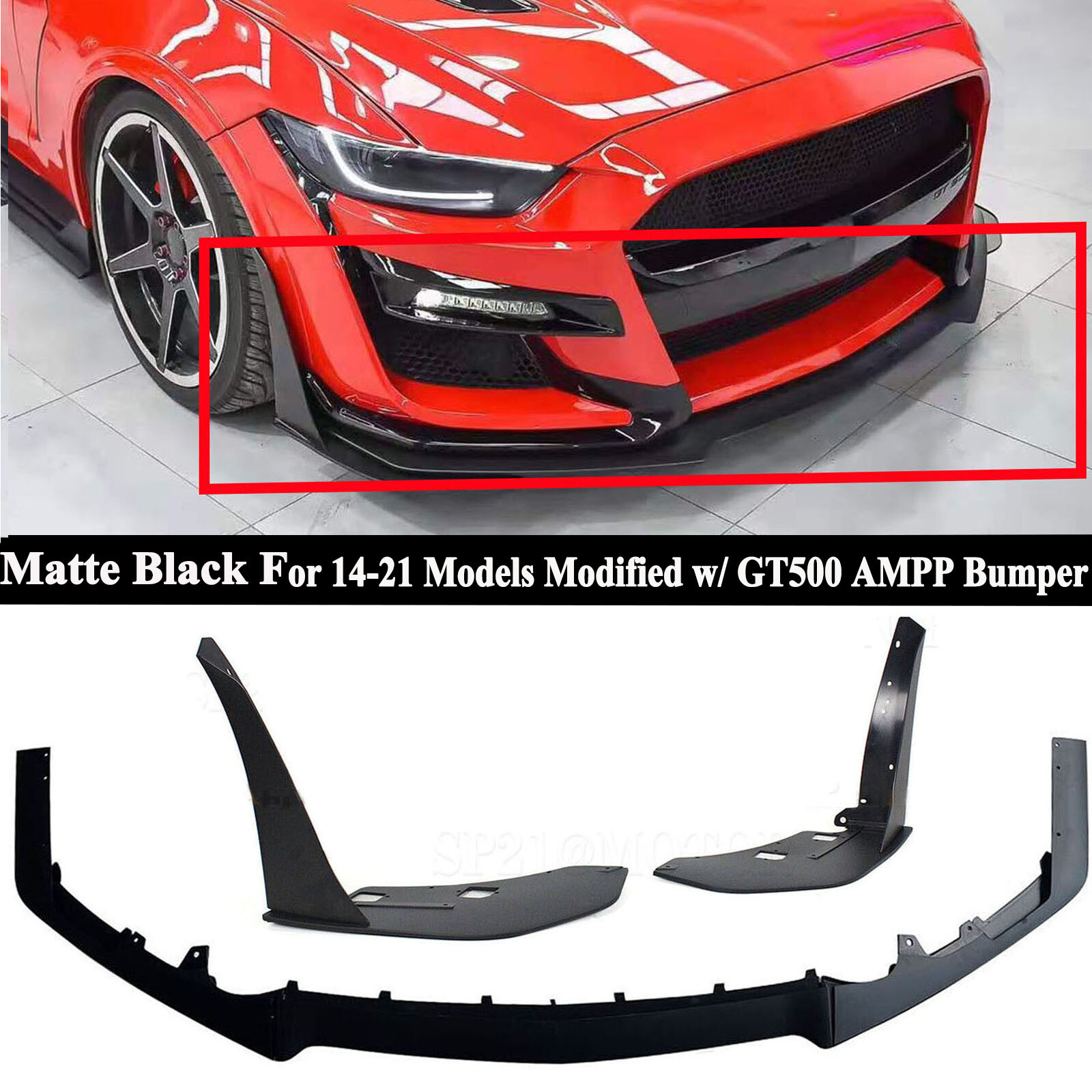 For Ford Mustang 14-21 Modified W/ GT500 AMPP Bumper Front Lip &Winglet Splitter For Ford Mustang 14-21 Modified W/ GT500 AMPP Bumper Front Lip &Winglet Splitter
